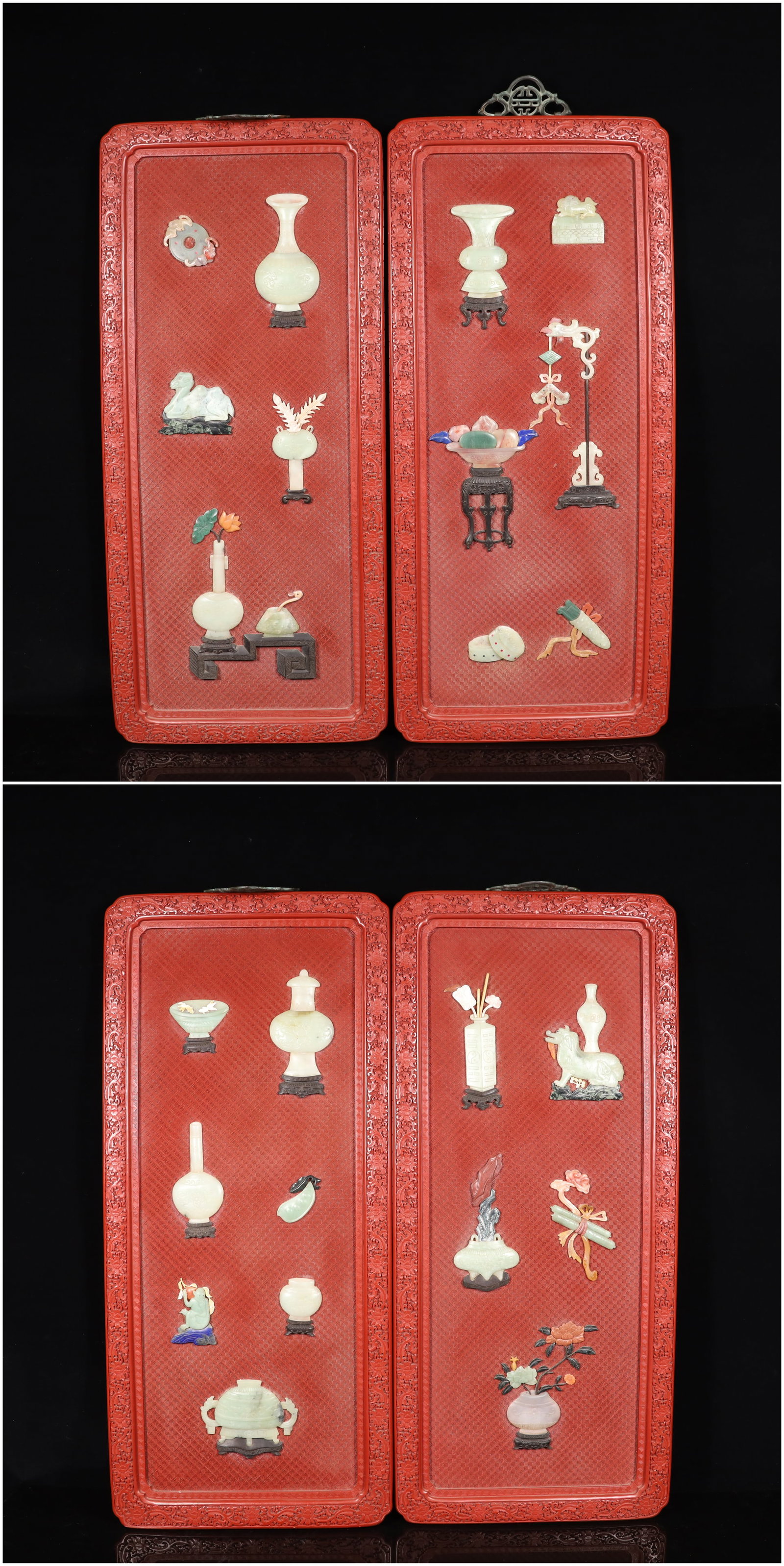 A Set of Huge Carved Red Lacquer Bogu Pattern Hanging Panels,Inlaid Gems: A Set of Huge Carved Red Lacquer Bogu Pattern Hanging Panels,Inlaid Gems,Qing Dynasty, China,Size:15inx36.2in,Weight:14250g