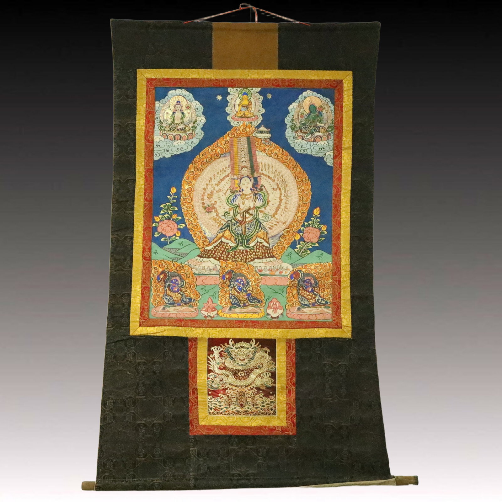 A Rare Brocade Painted Color Statue of Gdugs Kar Tangka: A Rare Brocade Painted Color Statue of Gdugs Kar Tangka,Qing Dynasty, China,Size:37inx59.8in