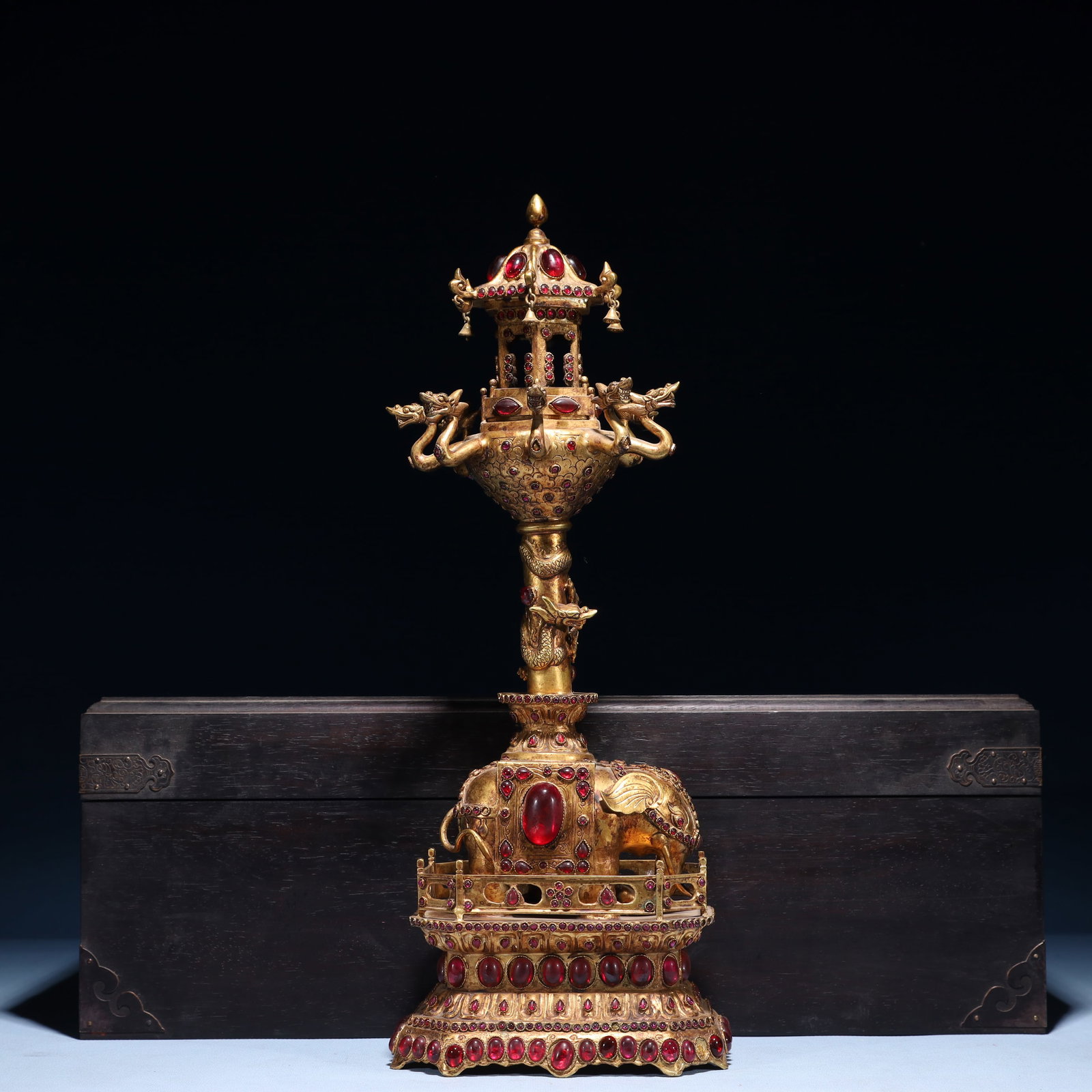 An Exquisite Gilt Bronze Auspicious Beast Pattern Ornament, Inlaid Gems: An Exquisite Gilt Bronze Auspicious Beast Pattern Ornament, Inlaid Gems, Qing Dynasty,China, Qianlong Four-character Mark, Size:5.5inx4.7inx16.5in,(Box)19.7inx10.2inx6.7in,Weight:2450g