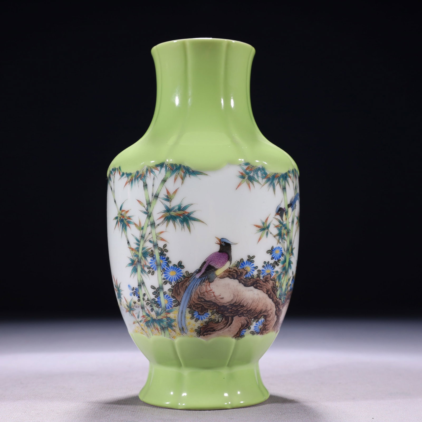 An Exquisite Green Ground Famille-Rose Flower and Bird Pattern Vase,with poem: An Exquisite Green Ground Famille-Rose Flower and Bird Pattern Vase,with poem,Qing Dynasty,China,Yongzheng Four-character Mark,Size:3.9inx7.9in,Weight:950g