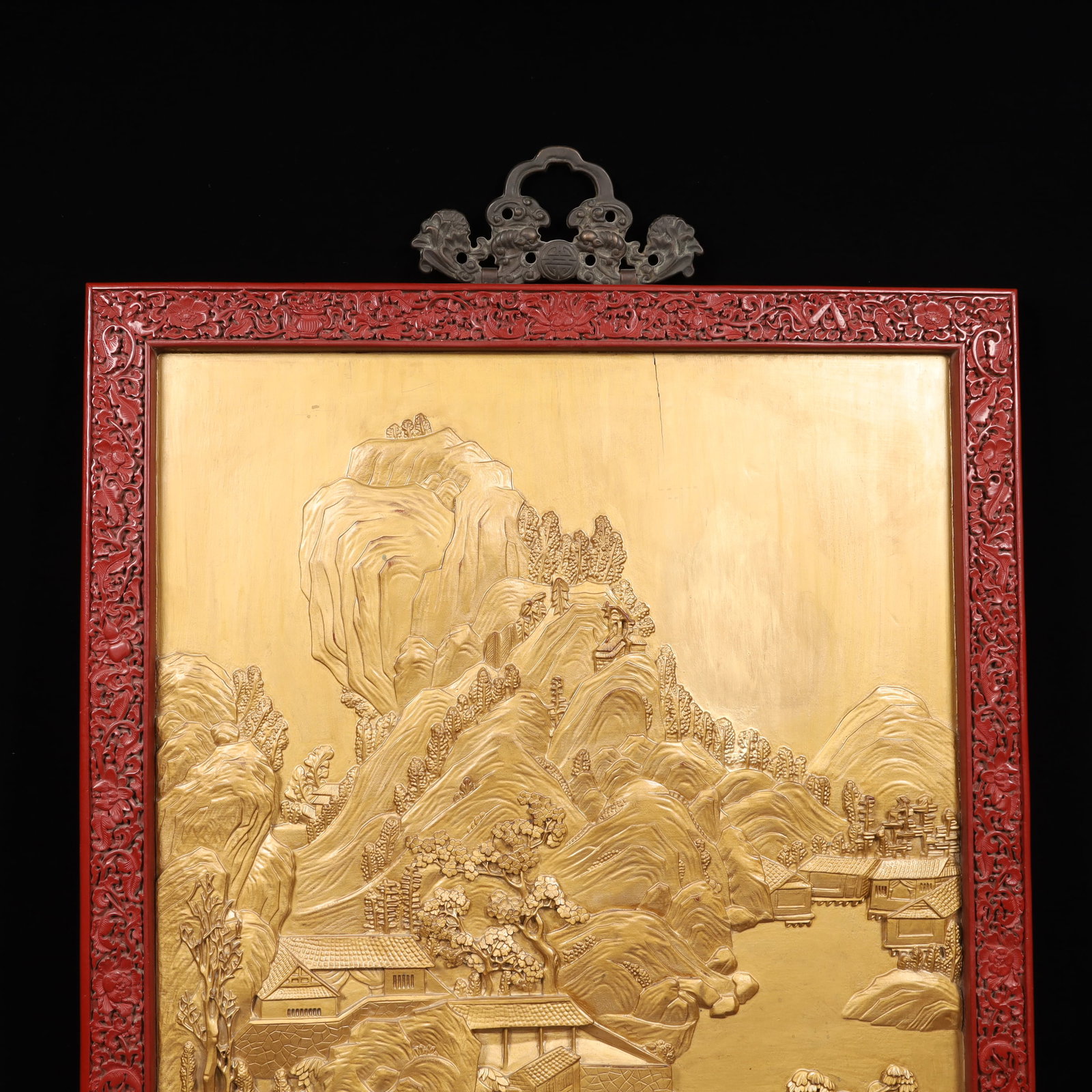 A Huge Carved Red Lacquer Landscape Pattern Hanging Panel - 2