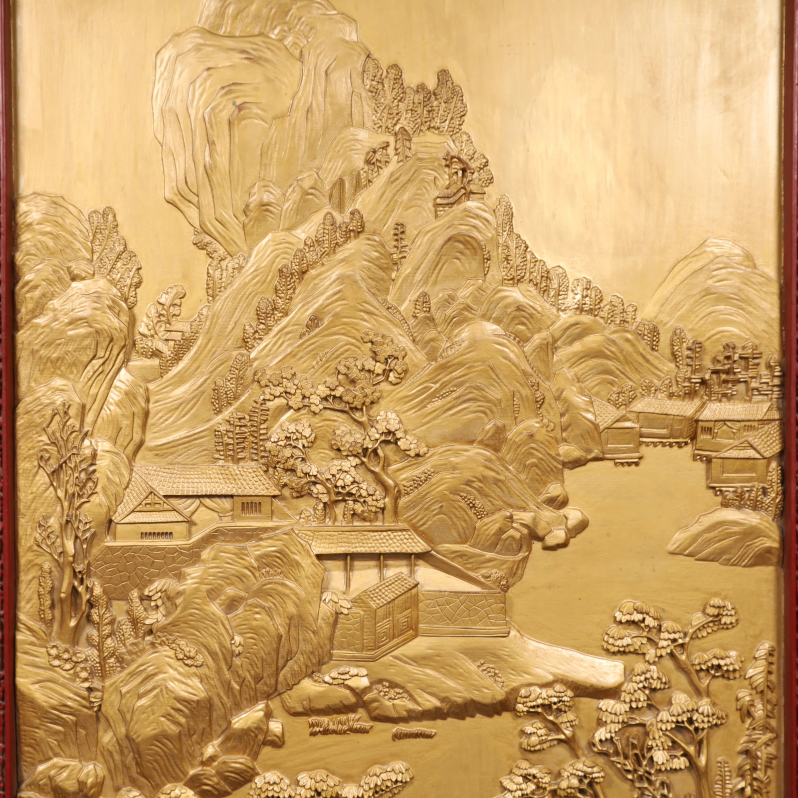 A Huge Carved Red Lacquer Landscape Pattern Hanging Panel - 3