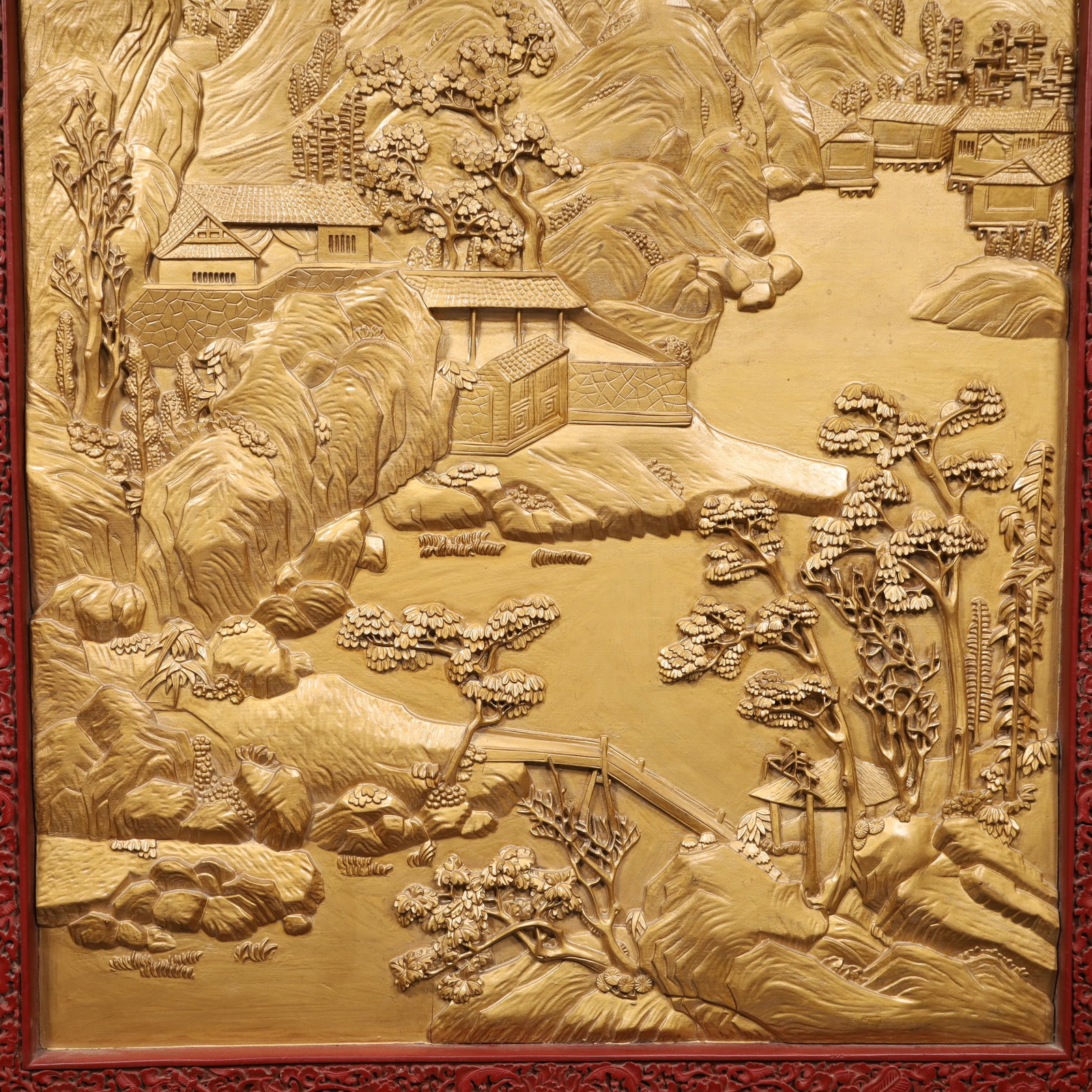 A Huge Carved Red Lacquer Landscape Pattern Hanging Panel - 4