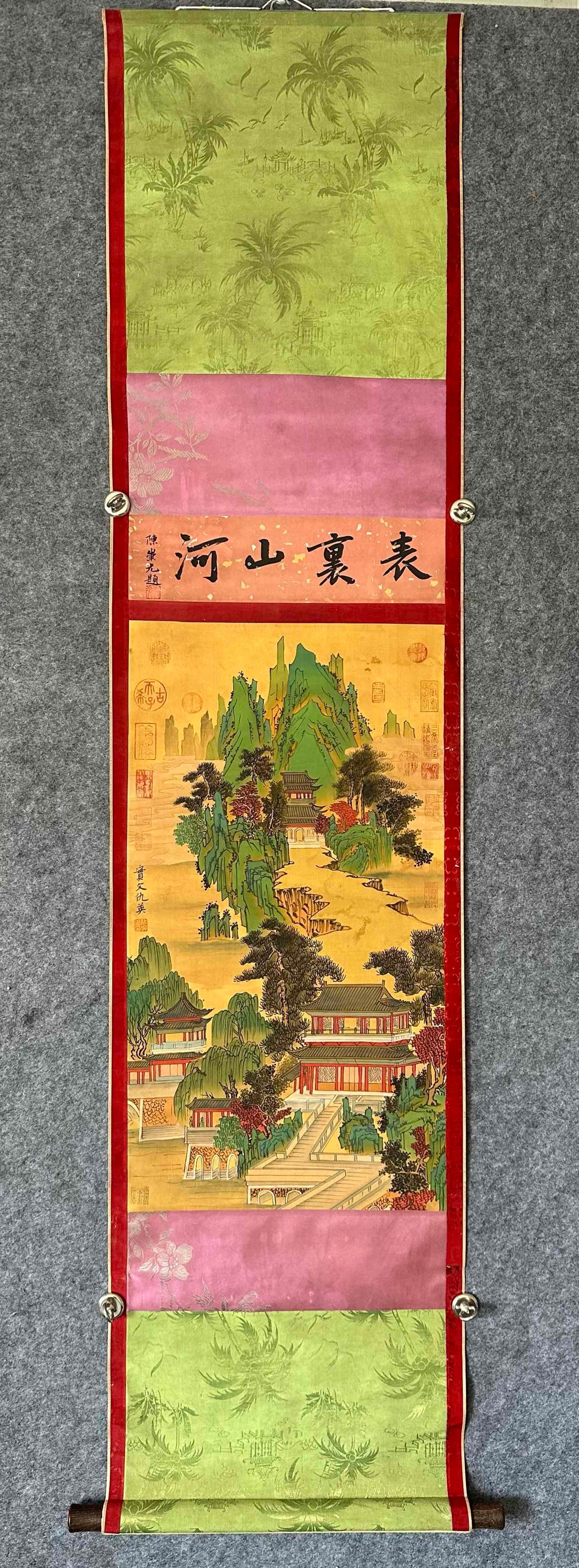 A Chinese Vertical Scroll Ink Painting of Landscape on Silk: A Chinese Vertical Scroll Ink Painting of Landscape on Silk,Chou Ying,Size:16.9inx31.1in