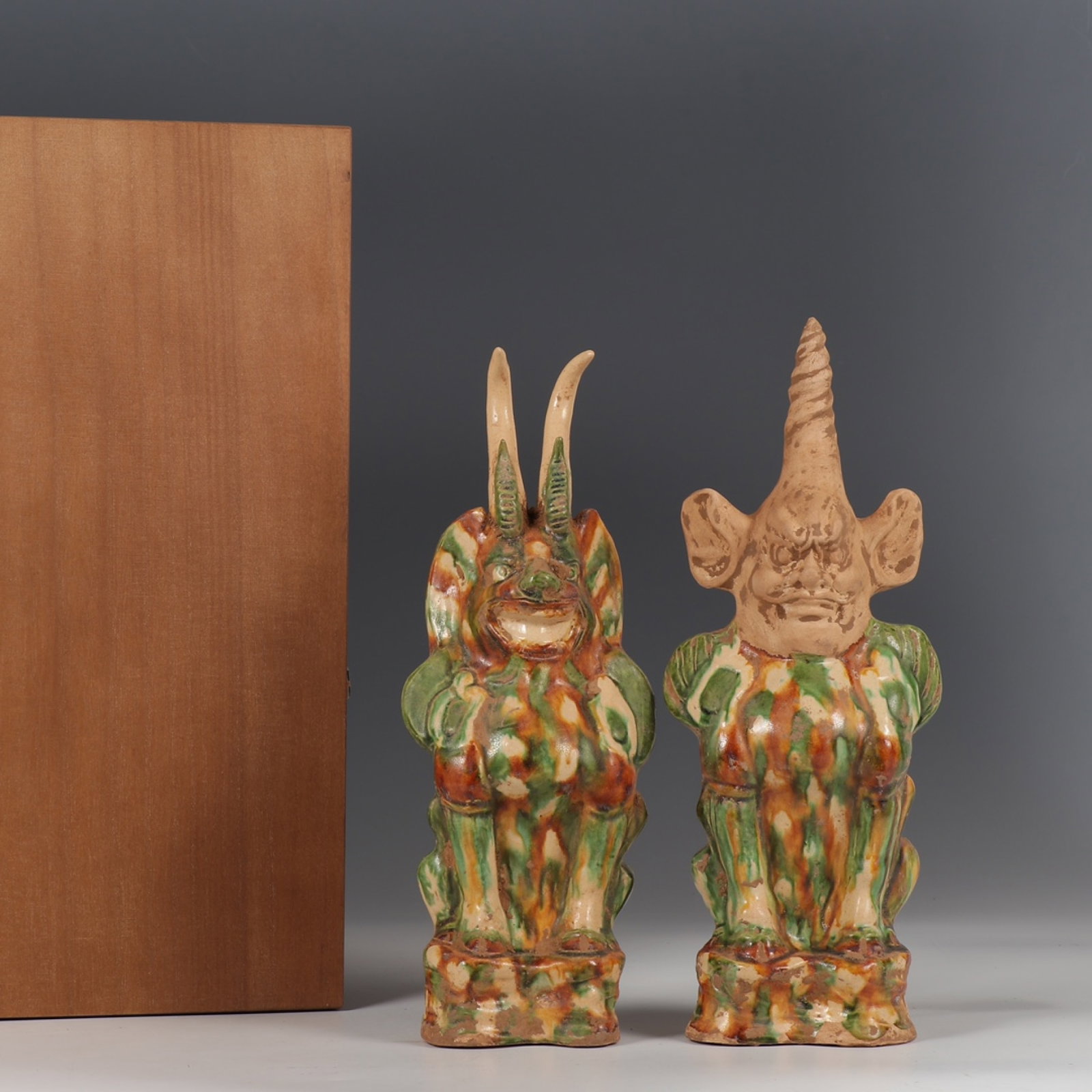 A Pair of Exquisite Gongxian yao Beast Ornaments: A Pair of Exquisite Gongxian yao Beast Ornaments,Tang Dynasty,China,Size:11.6inx4.5in 一对巩县窑兽摆件,中国唐代