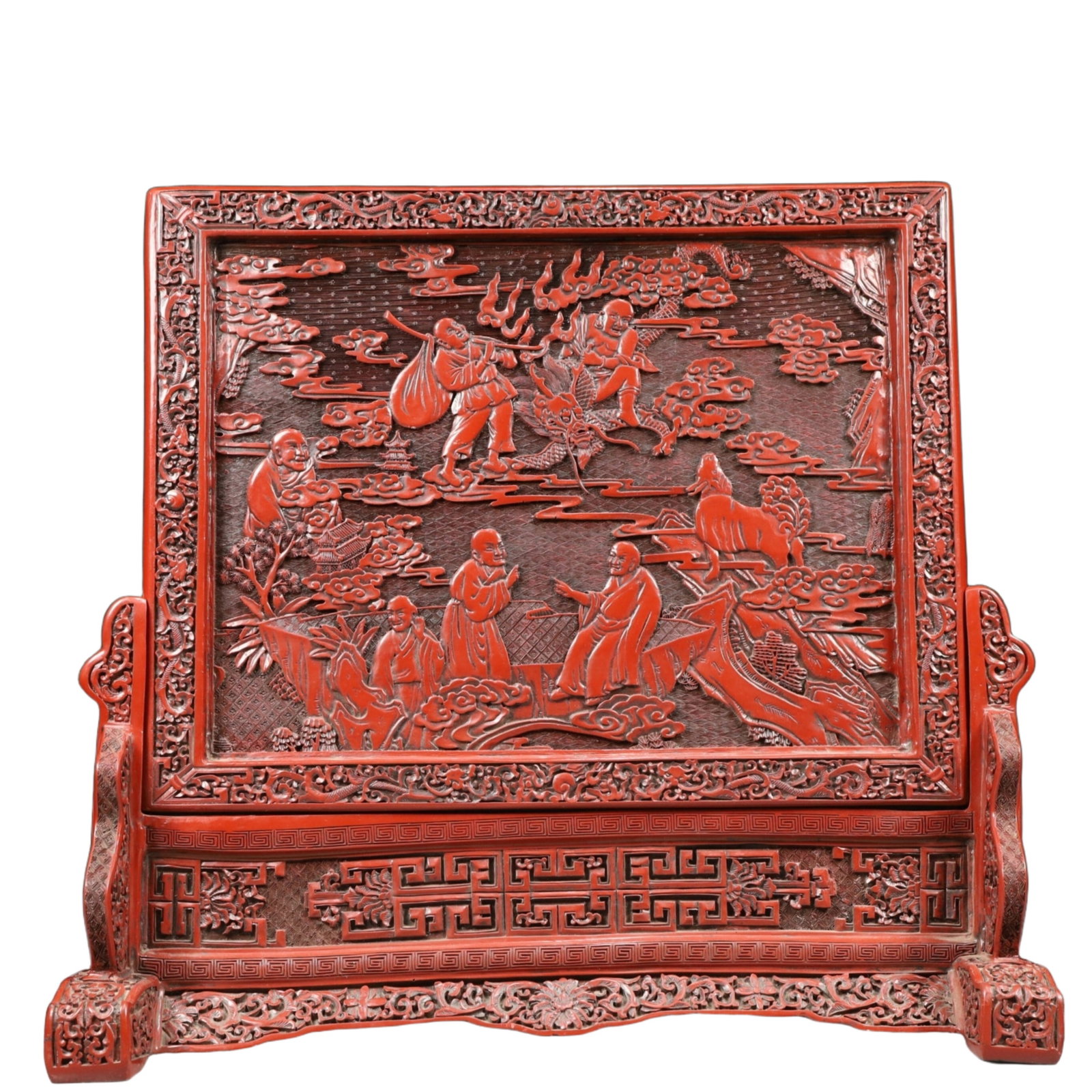A Rare Carved Red Lacquer Arhat Pattern Table Screen: A Rare Carved Red Lacquer Arhat Pattern Table Screen,Qing Dynasty, China,Qianlong Six-character Mark,Size:20.5inx7.1inx19.3in,Weight:5550g 剔红漆罗汉纹台ì