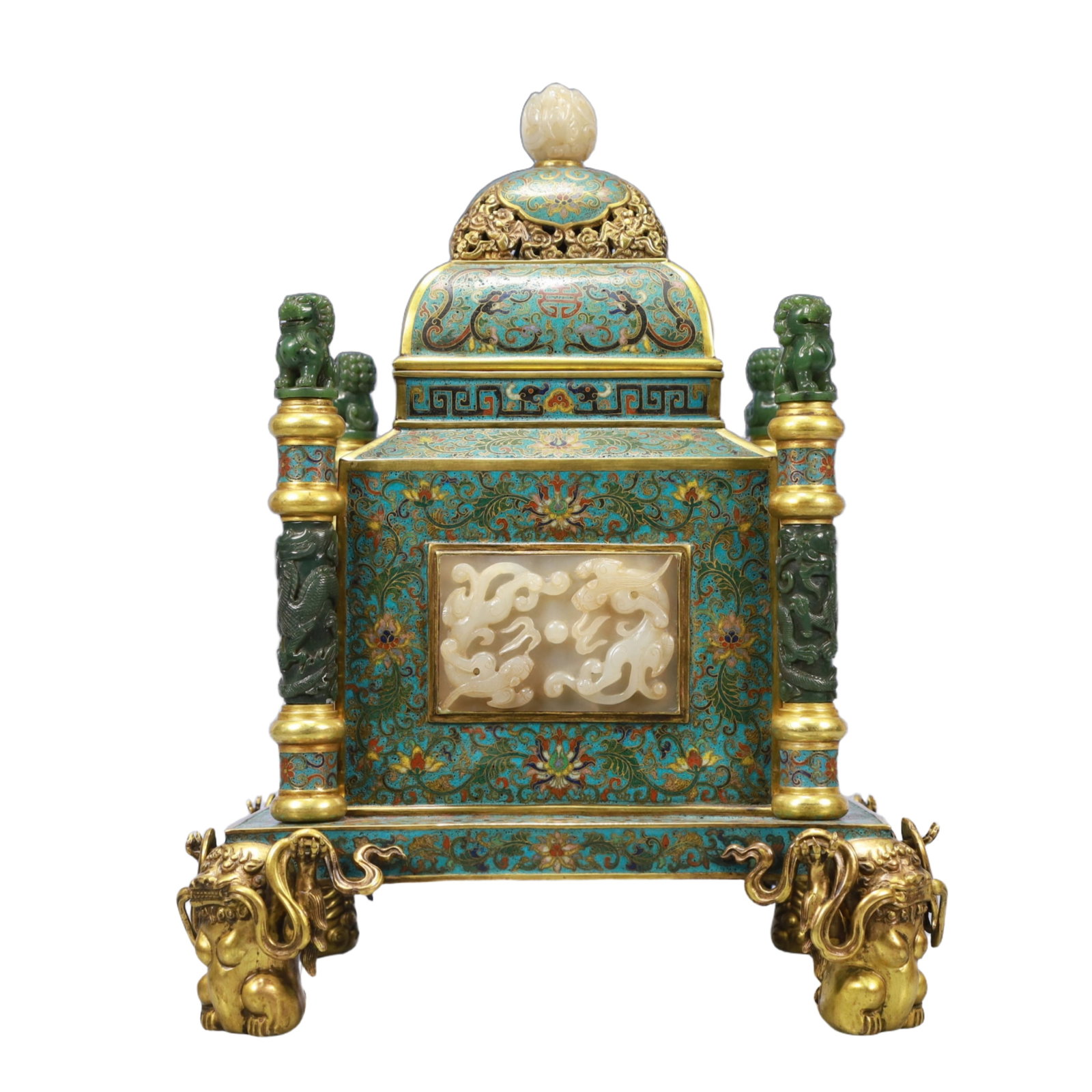 A Rare Cloisonne Inlaid White Jade Lotus and Dragon Pattern Beast-legs Censer: A Rare Cloisonne Inlaid White Jade Lotus and Dragon Pattern Beast-legs Censer,Qing Dynasty, China,Qianlong Four-character Mark,Size:11inx14.6in,Weight:7200g 景泰蓝嵌白