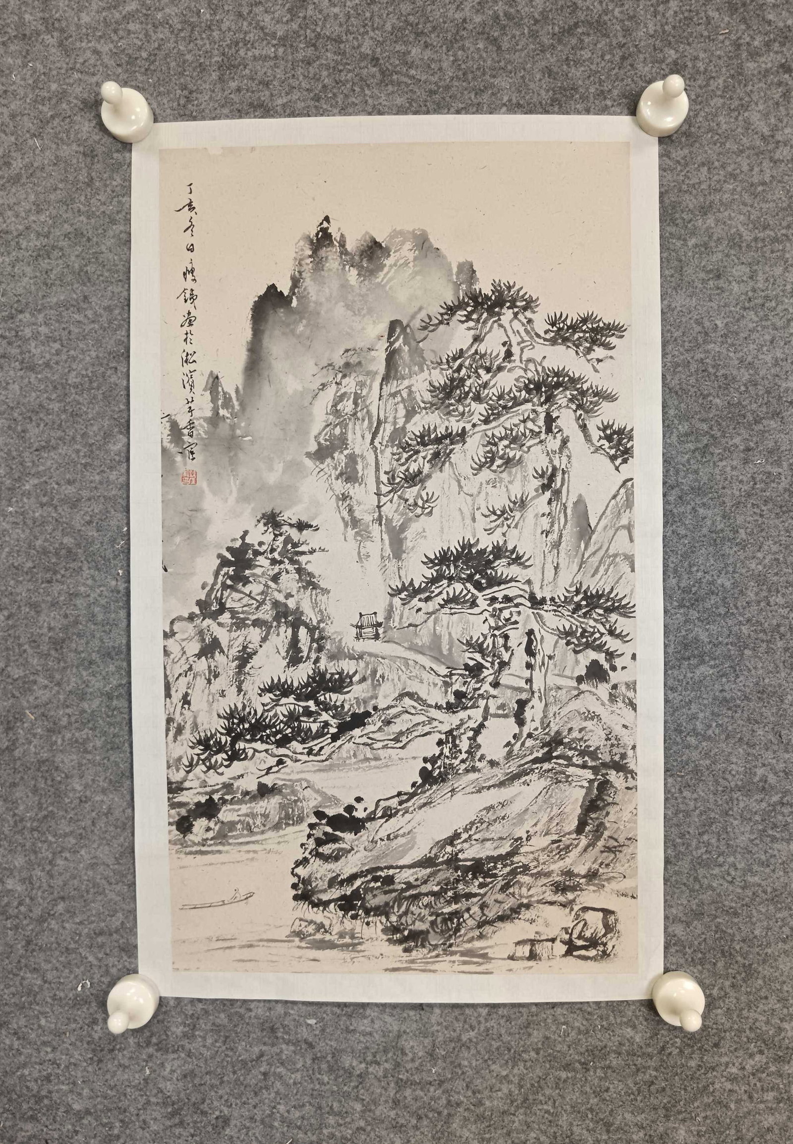 A Chinese Ink Painting of Landscape on Paper: A Chinese Ink Painting of Landscape on Paper,Qian Shoutie,Size:11.4inx19.7in 一幅中国水墨山水画,钱瘦铁