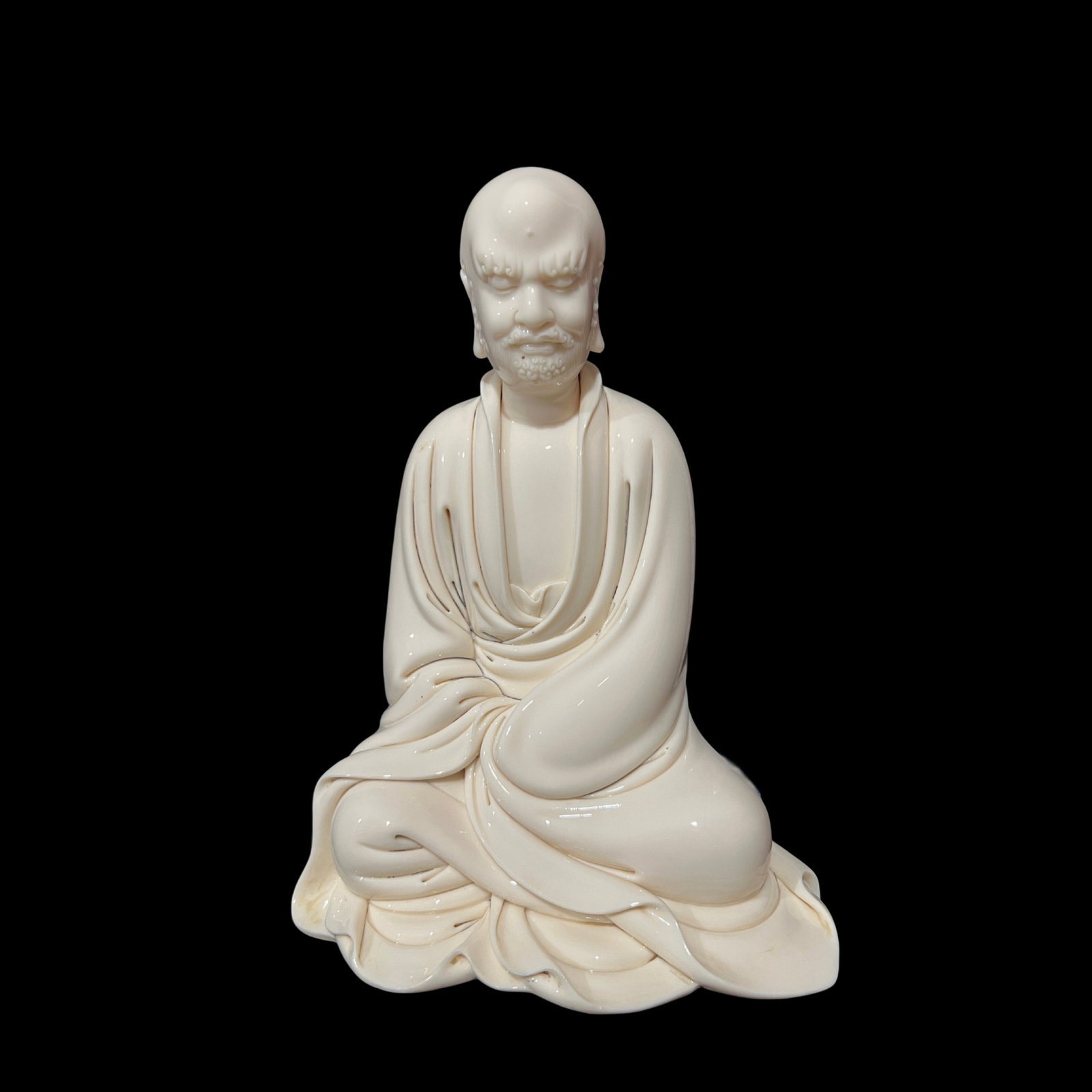 A Solemn Blance-De-Chine Statue of Dharma: A Solemn Blance-De-Chine Statue of Dharma,Ming Dynasty,China,He Chaozong Mark,Size:11.6in 德化瓷达摩像,中国明代,何朝宗