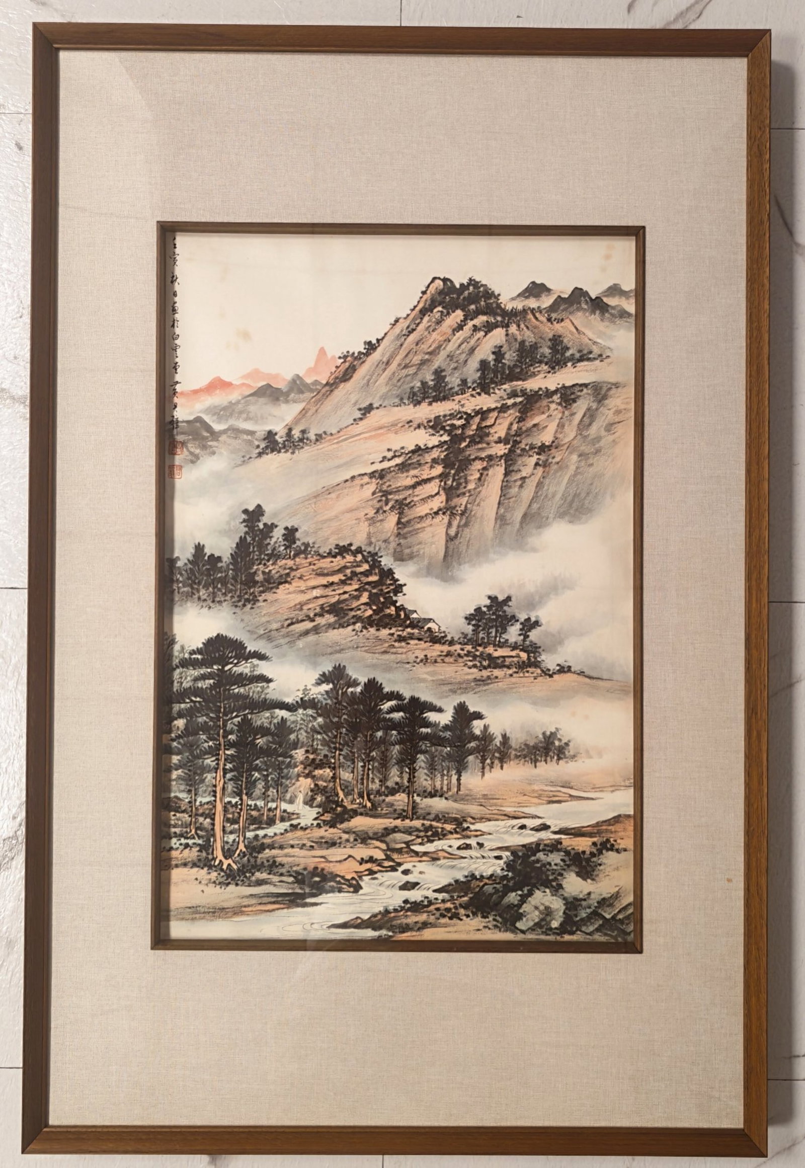 A Chinese Ink Painting of Landscape on Paper with Frame (1 of 10)