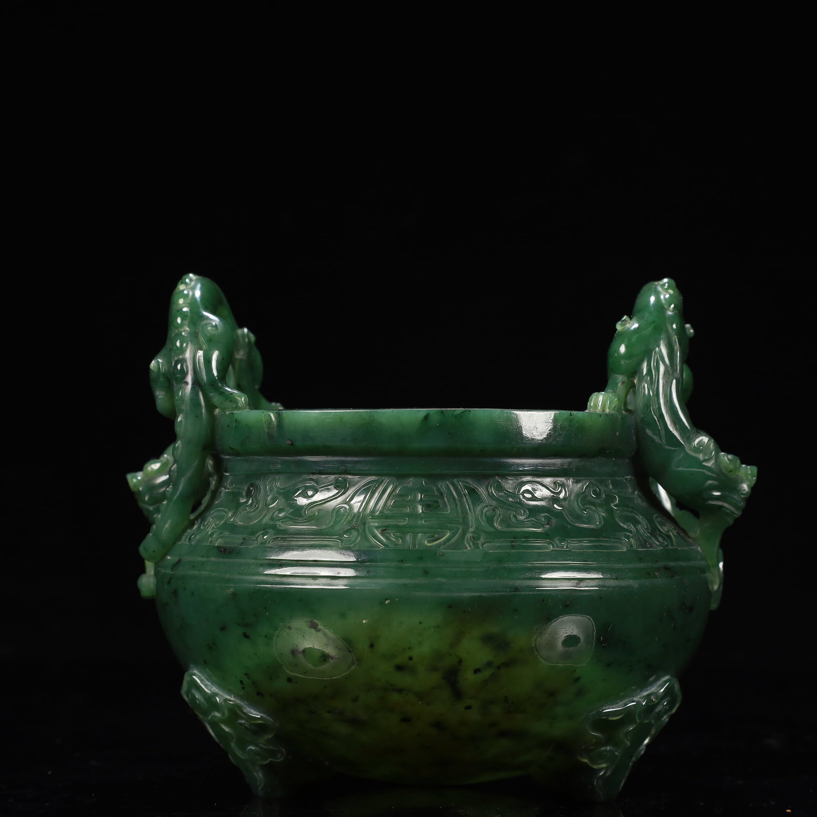 An Exquisite White Jade Dragon-Ears Tripod Censer: An Exquisite White Jade Dragon-Ears Tripod Censer,Qing Dynasty, China,Size:5.5inx4.7in,Weight:650g 碧玉龙耳三足香炉,中国清代