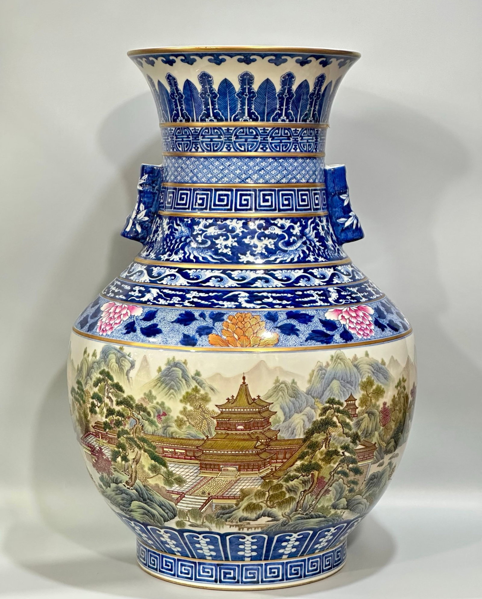 A Huge Blue and White Enamel Landscape and Figure Pattern Double-Ears Vase,with poem: A Huge Blue and White Enamel Landscape and Figure Pattern Double-Ears Vase,with poem,Qing Dynasty,China,Qianlong Six-character Mark,Size:22.4inx15in 青花珐琅彩山