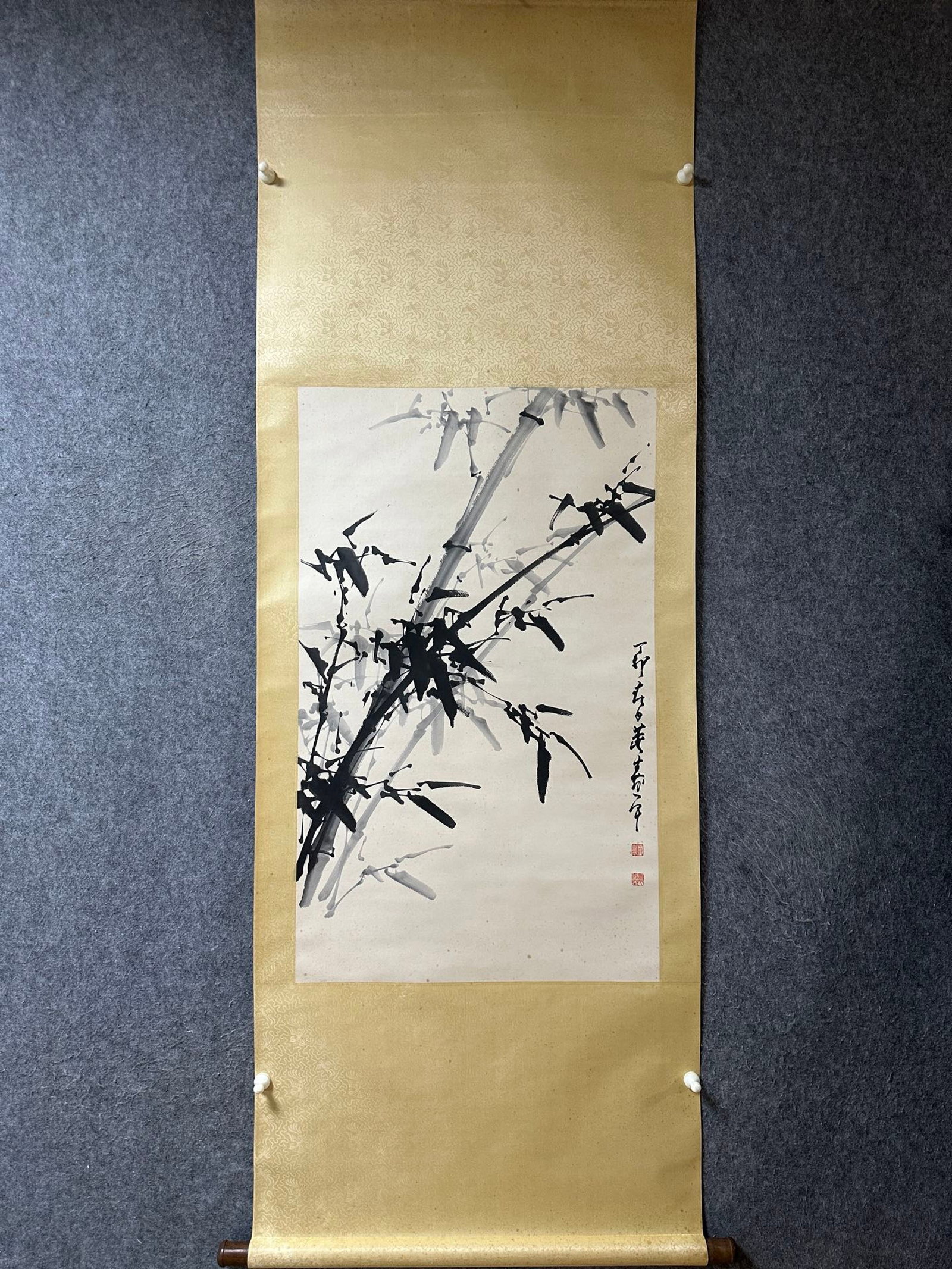 A Chinese Vertical Scroll Ink Painting of Bamboo on Paper: A Chinese Vertical Scroll Ink Painting of Bamboo on Paper,Dong Shouping,Size:37.8inx23.2in 一幅中国水墨竹画立轴,董寿平