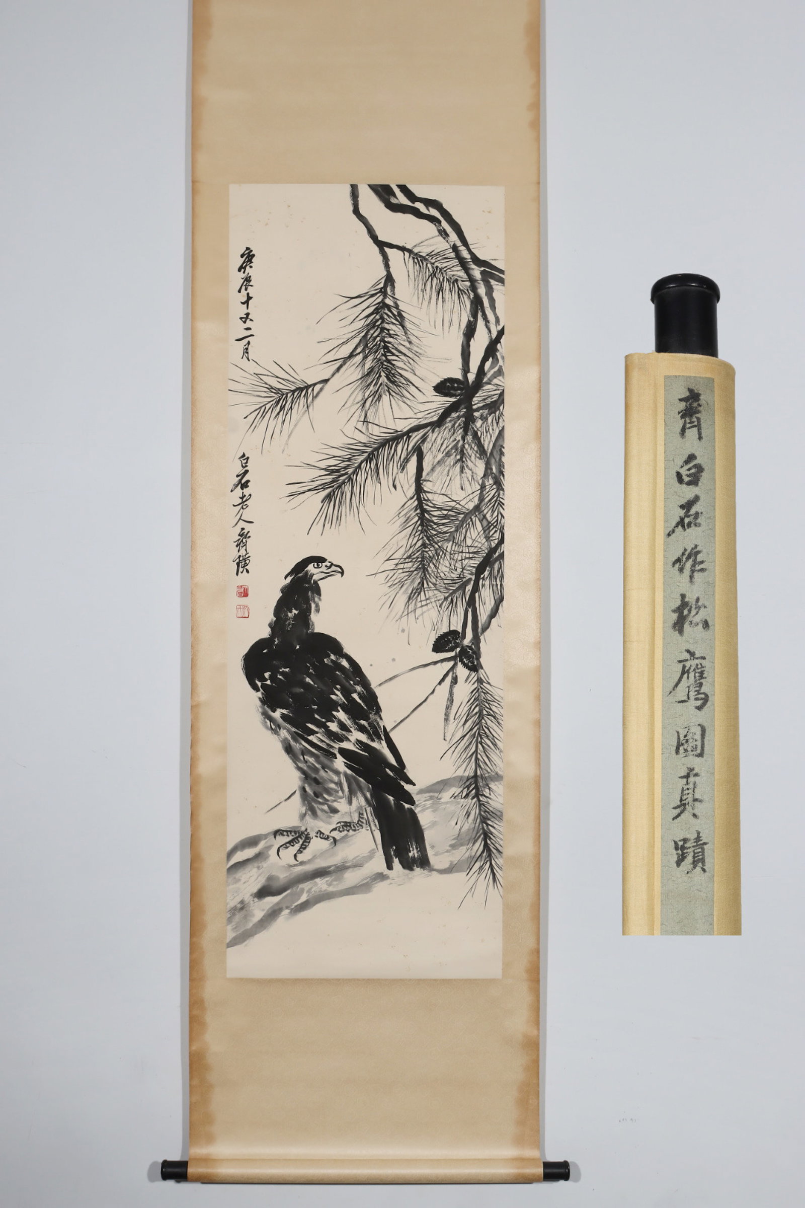 A Chinese Vertical Scroll Ink Painting of Pine and Eagle on Paper: A Chinese Vertical Scroll Ink Painting of Pine and Eagle on Paper,Qi Baishi,Size:54.3inx18.9in 一幅中国水墨松鹰画立轴,齐白