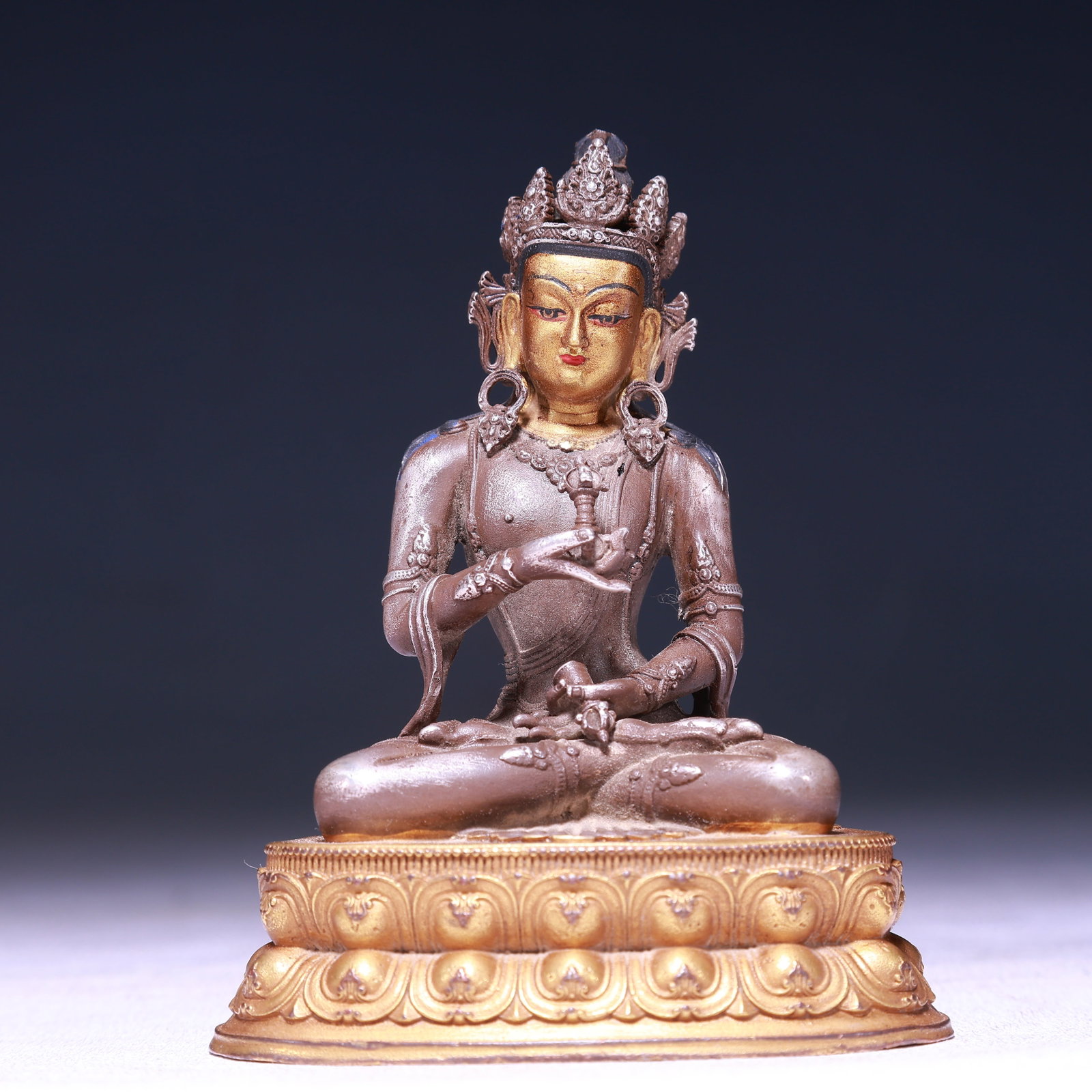 A Solemn Gilt Silver Statue of Amitayus: A Solemn Gilt Silver Statue of Amitayus,Qing Dynasty,China,Size:3inx2.2inx3.7in,Weight:250g 纯银鎏金无量寿佛像,中国清代