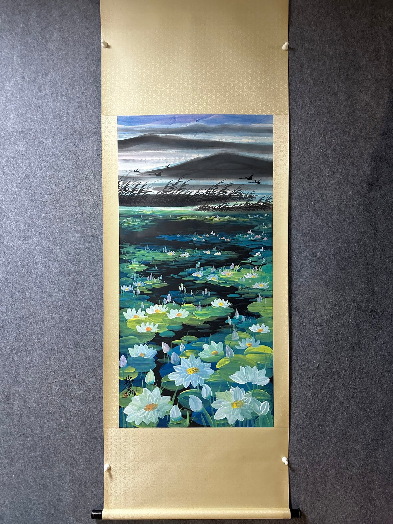 A Chinese Vertical Scroll Ink Painting of Lotus on Paper: A Chinese Vertical Scroll Ink Painting of Lotus on Paper,Lin Fengmian,Size:53.9inx26.8in