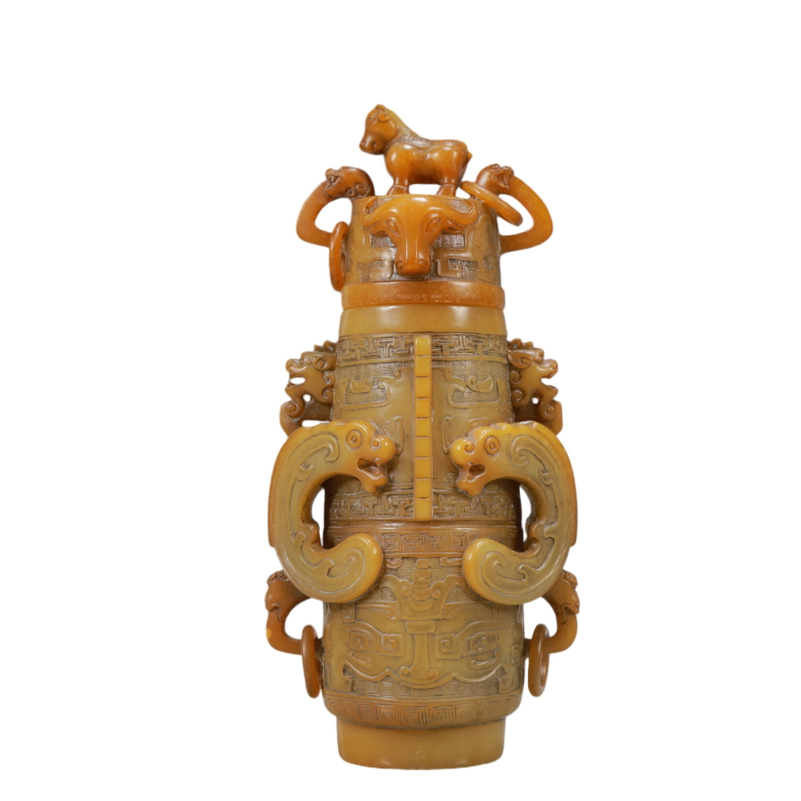 An Exquisite Shoushan Stone Beast-Face Pattern Dragon-Ears Vase (1 of 9)