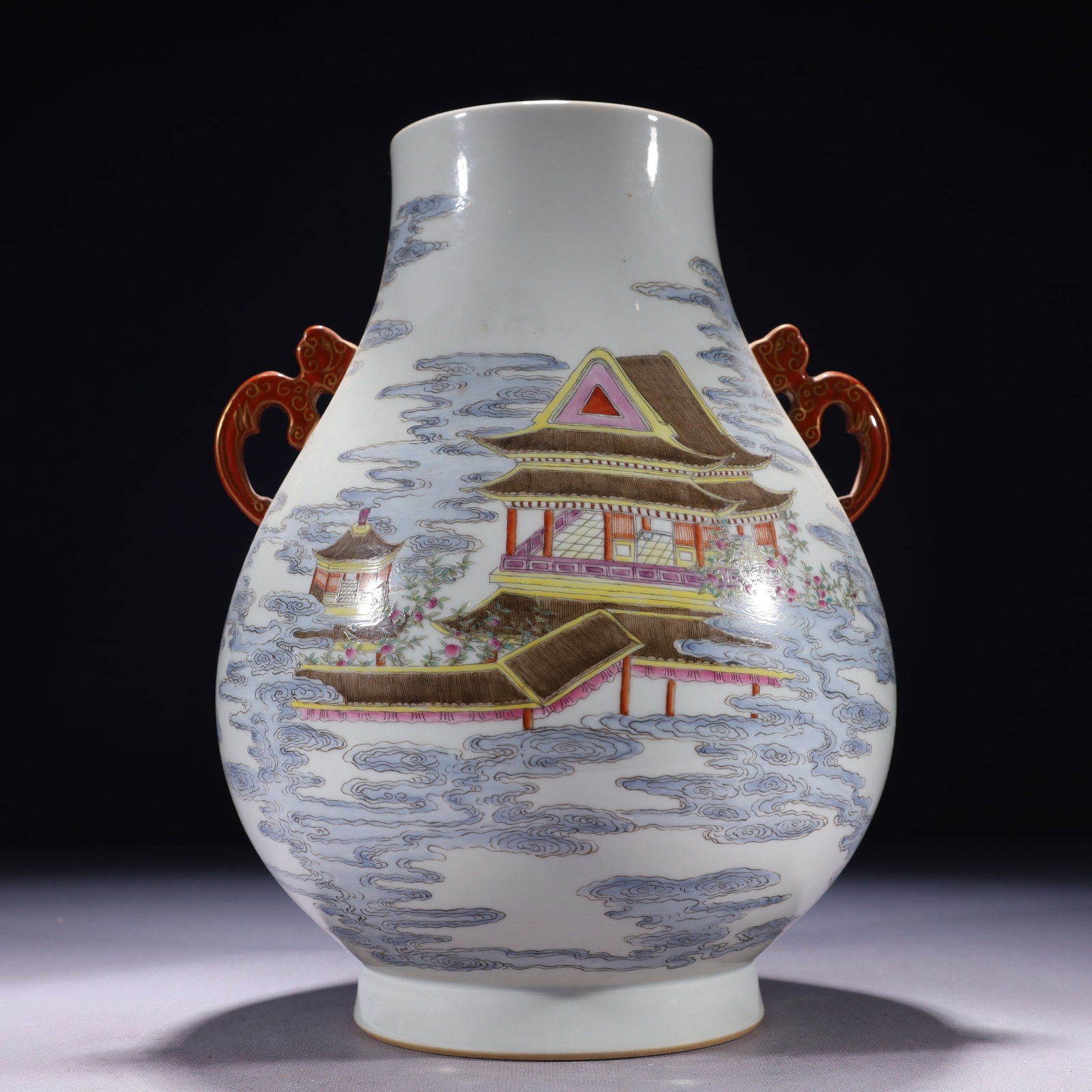 An Exquisite Famille-Rose Character and Story Pattern Double-Ears Vase: An Exquisite Famille-Rose Character and Story Pattern Double-Ears Vase,Qing Dynasty,China,Qianlong Six-character Mark,Size:8.3inx11.4in,Weight:2550g 粉彩人物故事