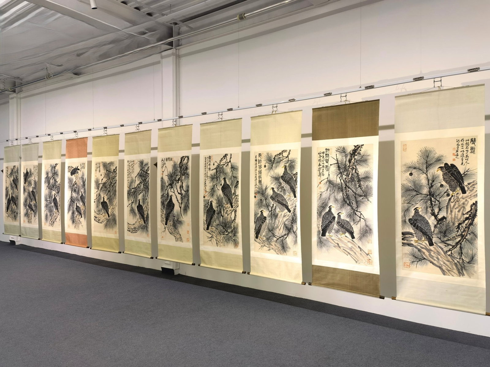 A Set of Chinese Vertical Scroll Ink Painting of Pine and Eagle on Paper: A Set of Chinese Vertical Scroll Ink Painting of Pine and Eagle on Paper,Qi Baishi,Size:(entirety)78.7inx31.5in,(Without frame)54.3inx26.8in 一套中国水墨松