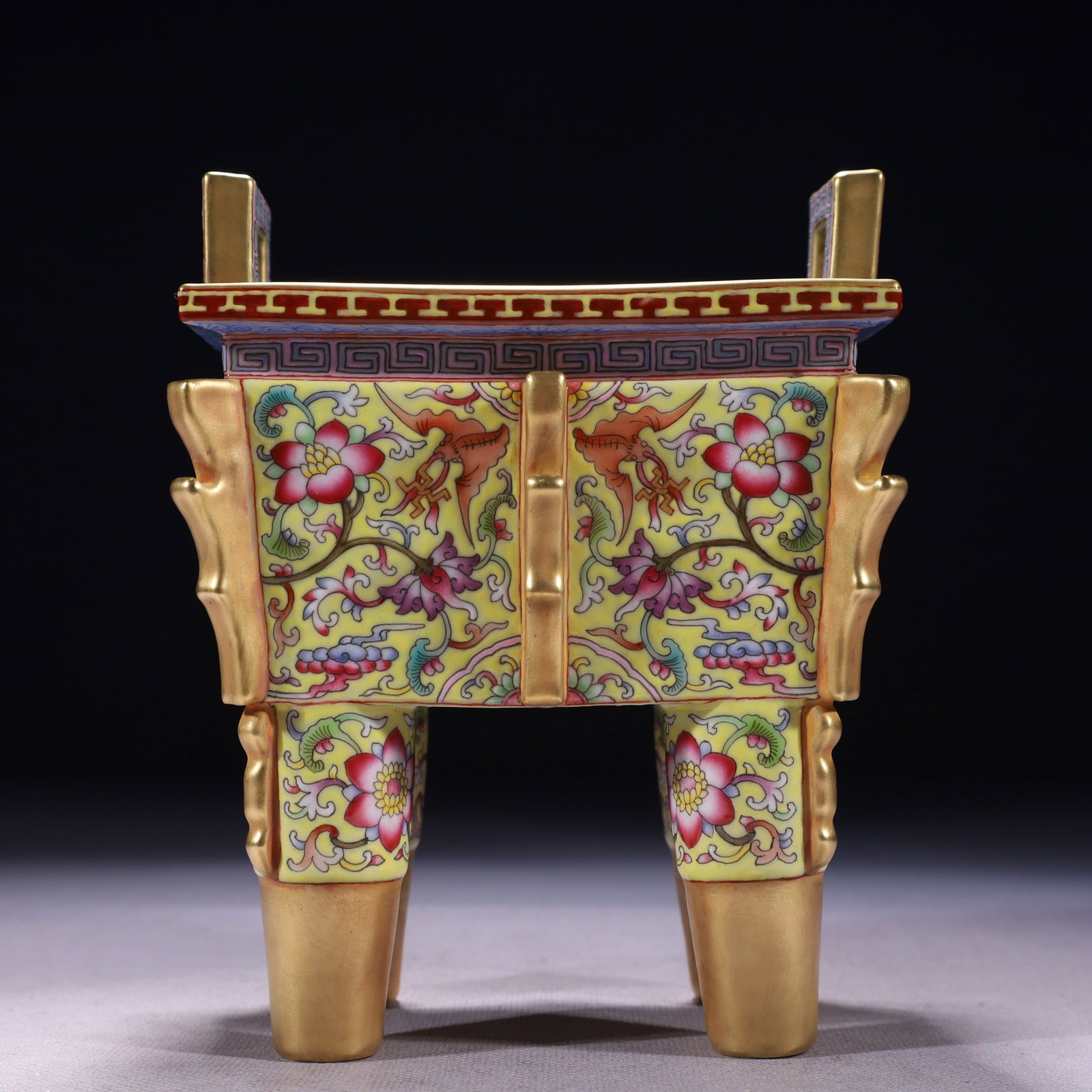 An Exquisite Yellow Ground Enamel Painted Gold Lotus Pattern Double-Ears Censer: An Exquisite Yellow Ground Enamel Painted Gold Lotus Pattern Double-Ears Censer,Qing Dynasty,China,Qianlong Four-character Mark,Size:5.1inx4.3inx6.5in,Weight:750g 黄地珐琅ô