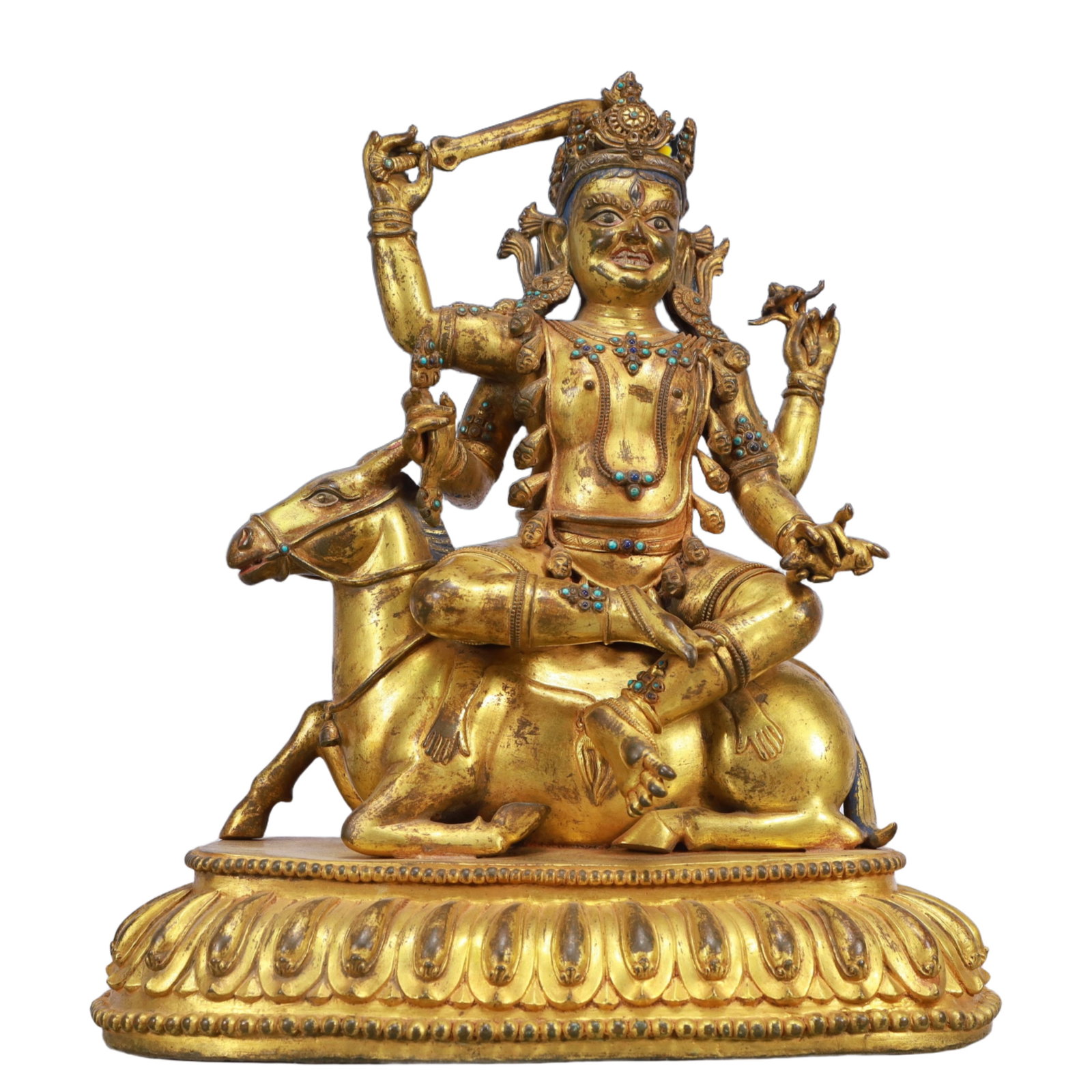 A Solemn Gilt Bronze Statue of Manjusri,Inlaid Turquoise: A Solemn Gilt Bronze Statue of Manjusri,Inlaid Turquoise,Ming Dynasty, China,Size:14.6inx8.3inx16.5in,Weight:11450g 铜鎏金文殊菩萨像,嵌绿