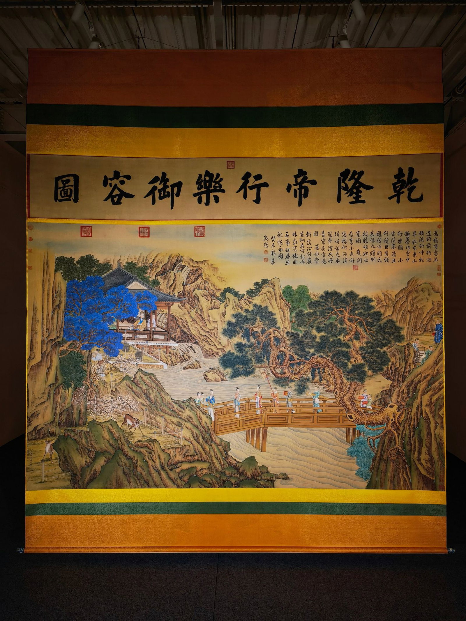 A Chinese Vertical Scroll Ink Painting of Landscape and Figure on Silk: A Chinese Vertical Scroll Ink Painting of Landscape and Figure on Silk,Jin Tingbiao,Size:(entirety)142.5inx118.1in,(Without frame)95.3inx117.3in 一幅中国水墨绢