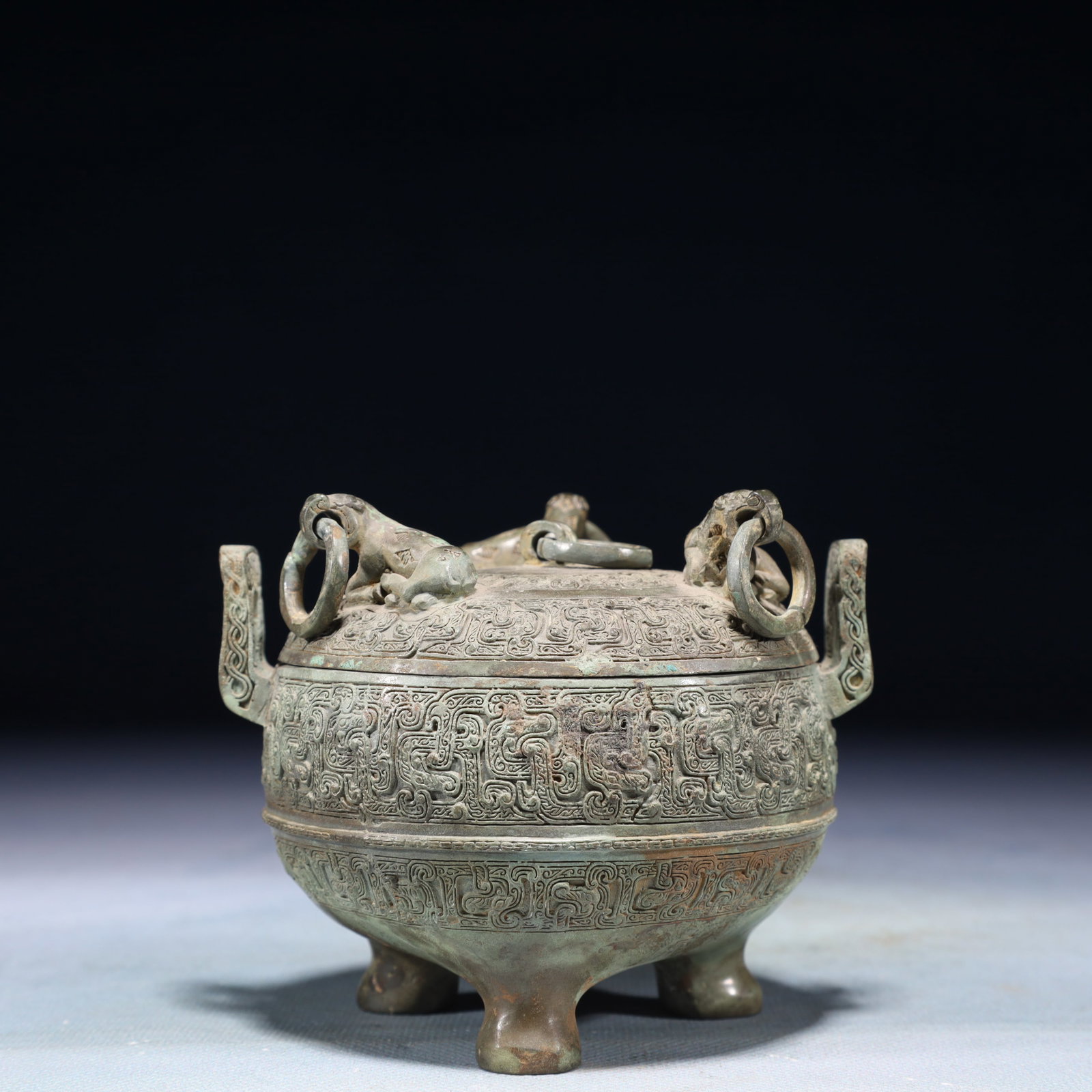 A Rare Bronze Chi-Dragon Pattern Double-Ears and Tripod Censer,With Inscription (1 of 9)