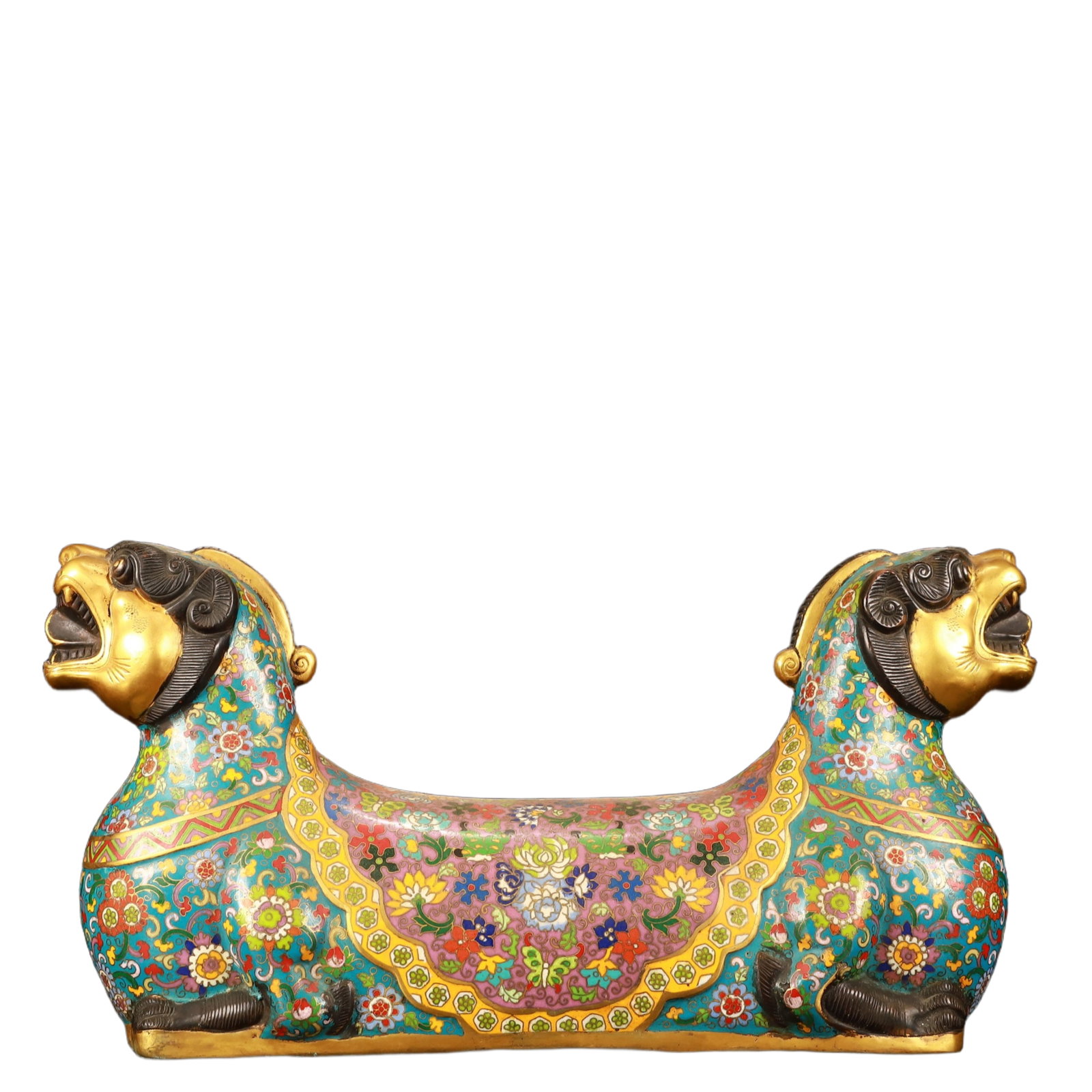 A Huge Cloisonne Flower Pattern Lion-Shaped Pillow: A Huge Cloisonne Flower Pattern Lion-Shaped Pillow,(A type of enamelware with metal wires separating colored glaze, originating in China),Qing Dynasty,China,Qianlong Four-character Mark,Size:16.9inx5.