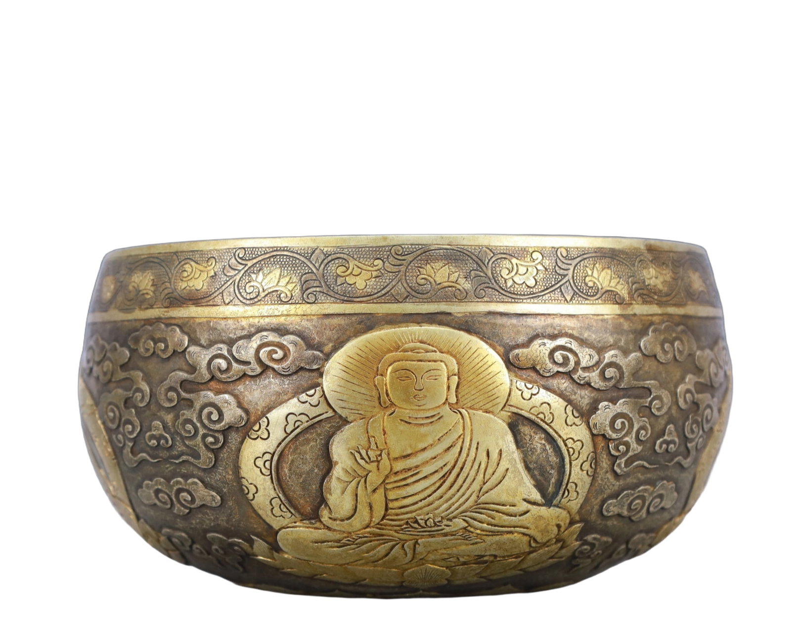 A Rare Gilt Silver Buddha Statue Pattern Censer: A Rare Gilt Silver Buddha Statue Pattern Censer,Tang Dynasty, China,Size:6.3inx3.5in,Weight:1000g 银鎏金佛像纹香炉,中国唐代
