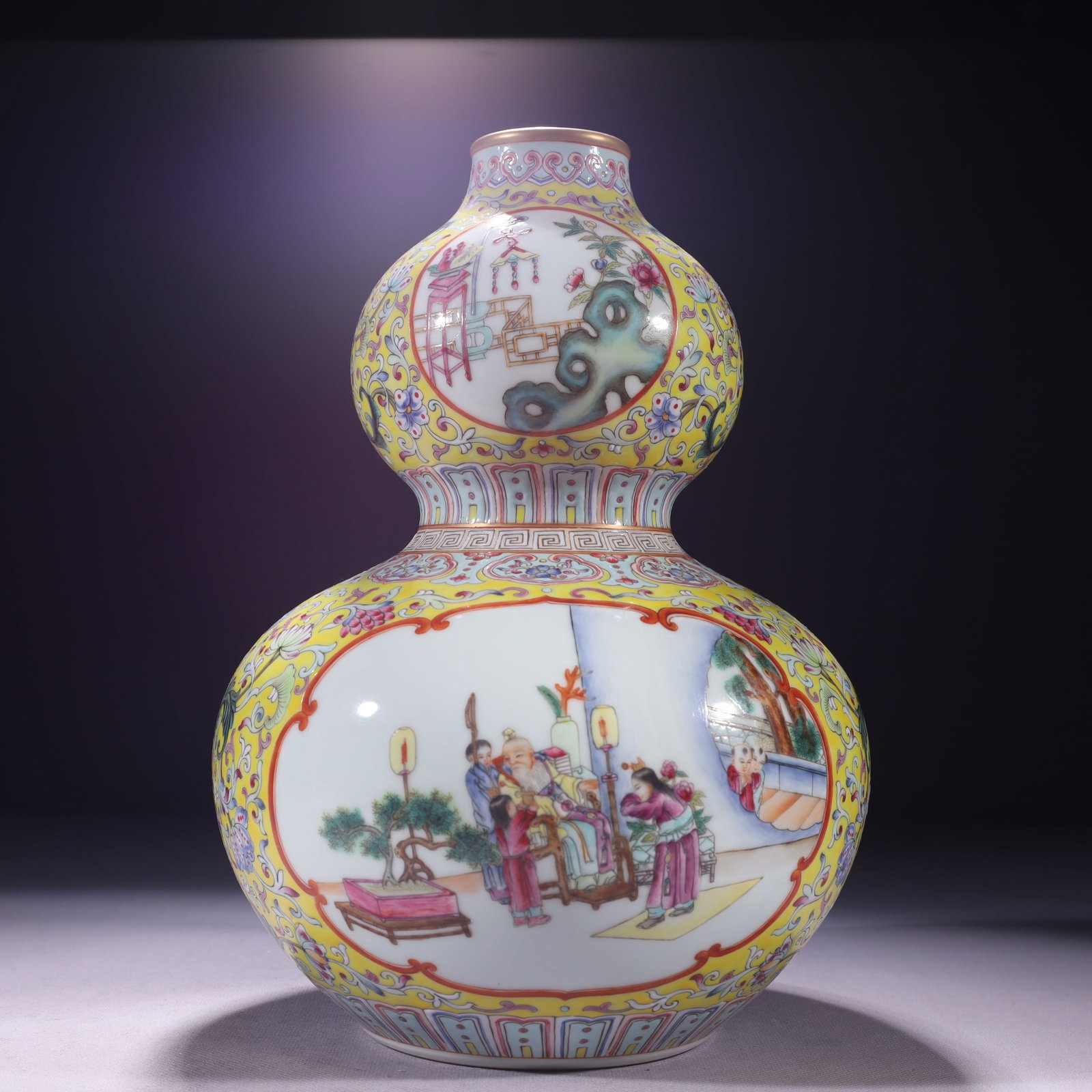 An Exquisite Yellow Ground Enamel Painted Gold Lotus Pattern Gourd-Shaped Vase: An Exquisite Yellow Ground Enamel Painted Gold Lotus Pattern Gourd-Shaped Vase,Qing Dynasty,China,Yongzheng Six-character Mark,Size:7.5inx12.2in,Weight:2450g 黄地珐琅彩&#