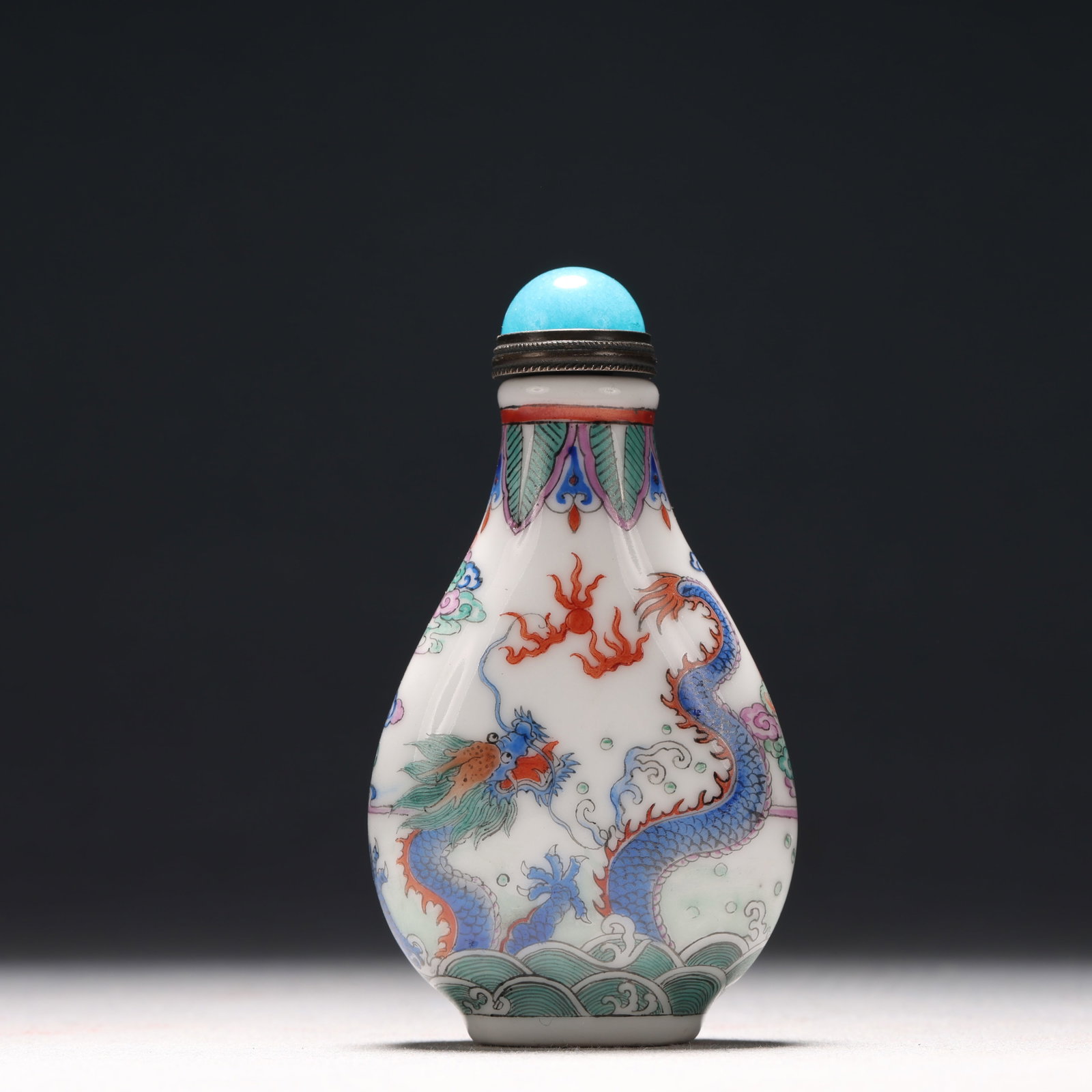 A Fine Enamel Dragon Pattern Porcelain Snuff Bottle: A Fine Enamel Dragon Pattern Porcelain Snuff Bottle, Qing Dynasty, China, Qianlong Mark, Size:1.8inx0.8inx3.3in