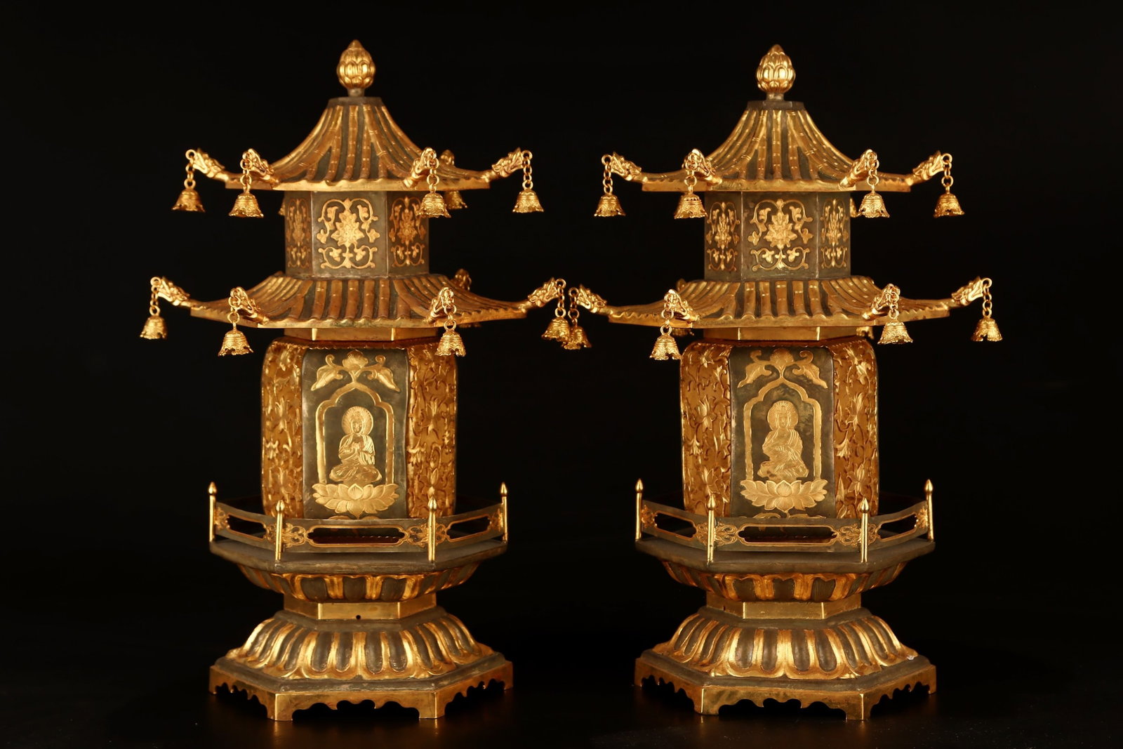 A Pair of Rare Gilt Bronze Hollow Lotus Pattern Pagodas: A Pair of Rare Gilt Bronze Hollow Lotus Pattern Pagodas,Tang Dynasty,China,Zhenguan Four-character Mark,Size:15inx7.9in,Total Weight:4500g