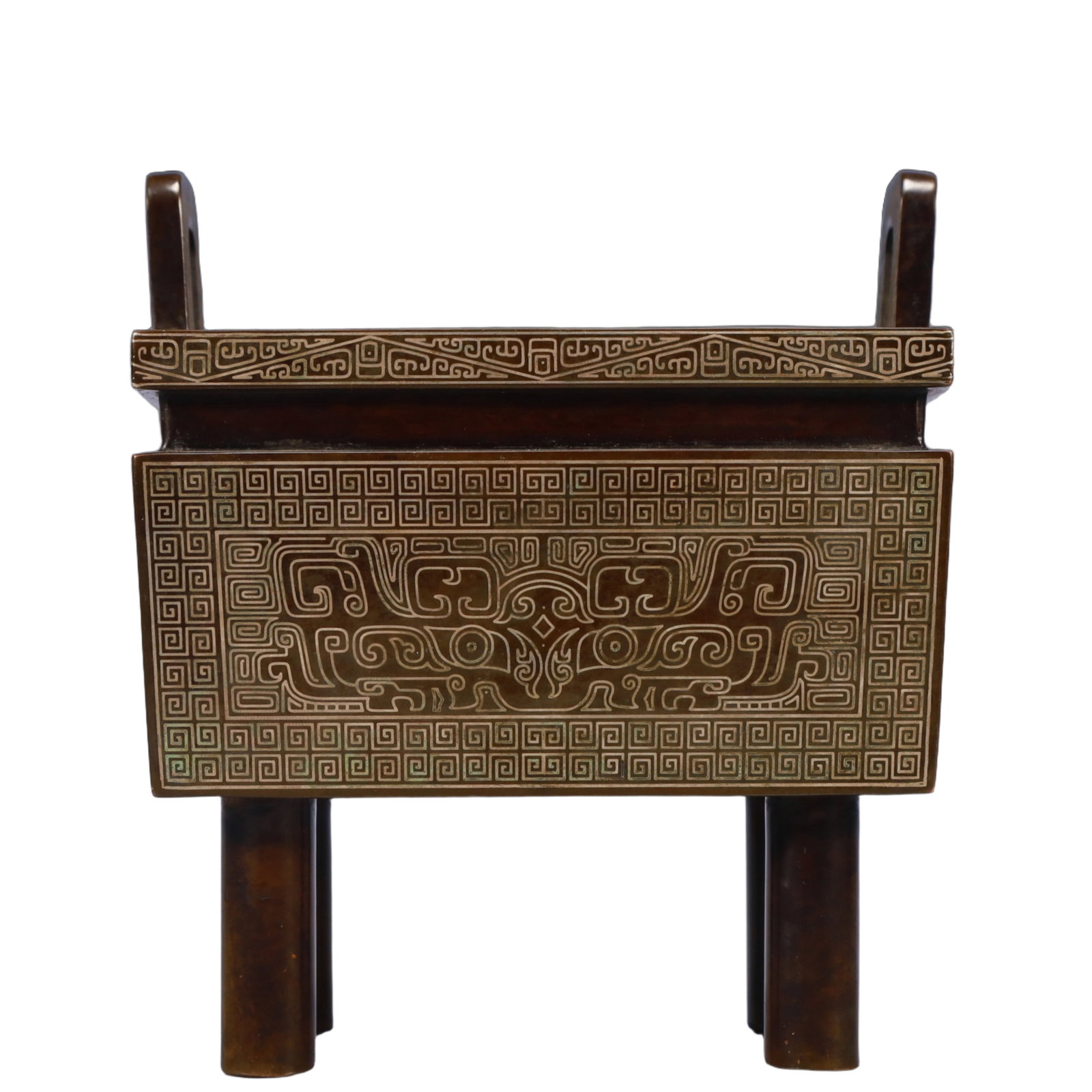 An Exquisite Bronze Beast-Face Pattern Double-Ears and Four Legs Censer: An Exquisite Bronze Beast-Face Pattern Double-Ears and Four Legs Censer,Qing Dynasty, China,With Mark,Size:5.3inx3.5inx6.1in,Weight:2850g
