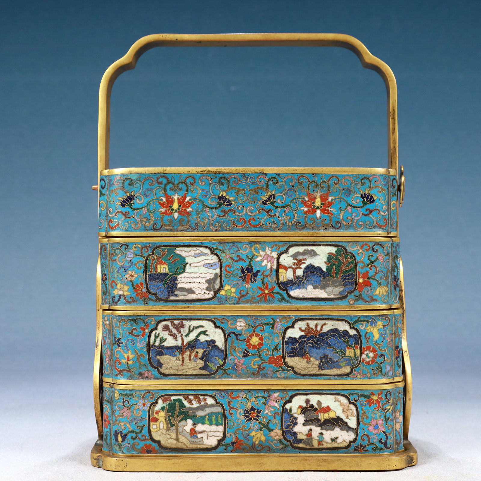 An Exquisite Cloisonne Lotus Pattern Landscape and Figure Pattern Lunch Box (1 of 14)