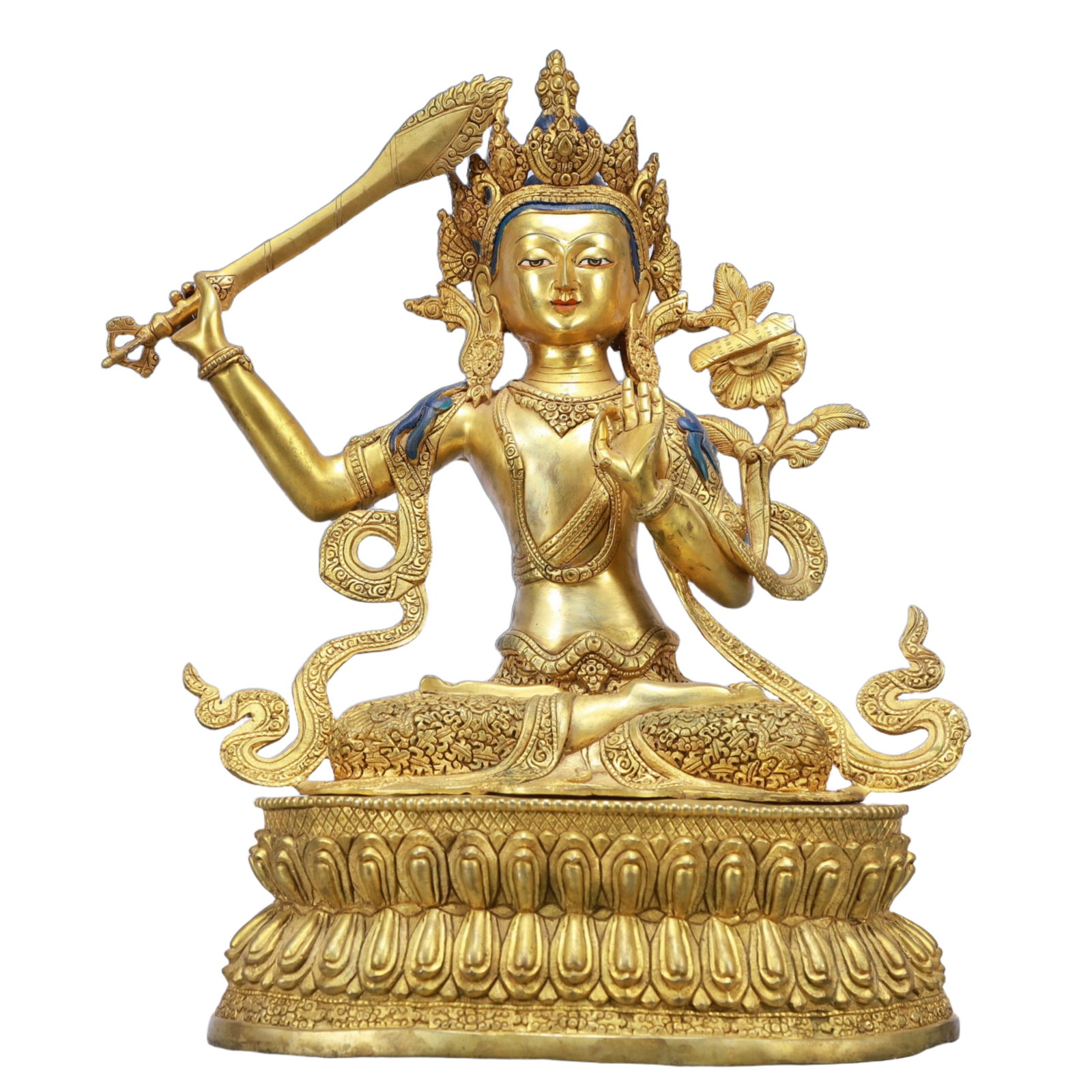 A Solemn Gilt Bronze Statue of Manjusri: A Solemn Gilt Bronze Statue of Manjusri,Ming Dynasty, China,Size:13inx9.8inx18.9in,Weight:14000g 铜鎏金文殊菩萨像,中国明代