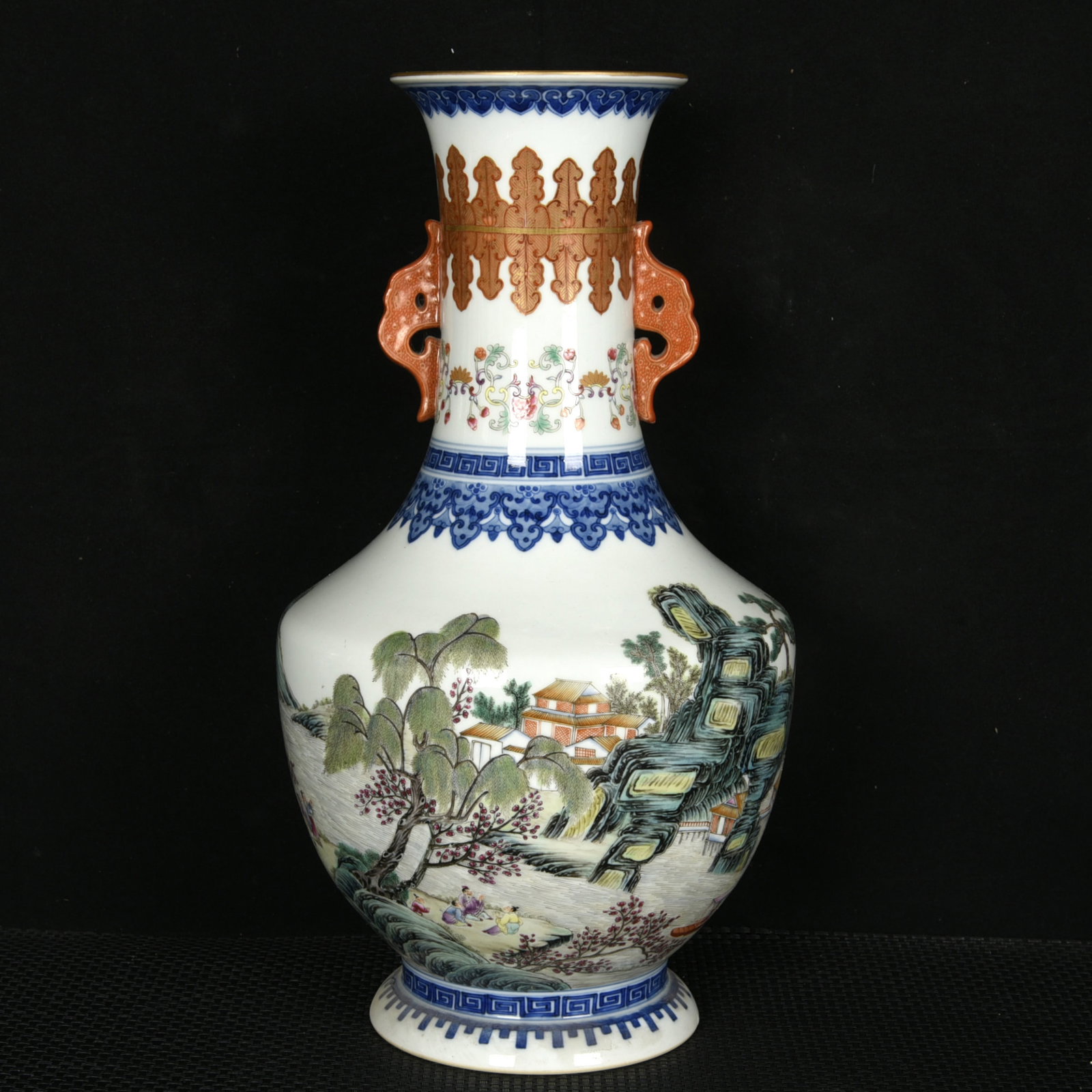 A Rare Enamel Painted Gold Landscape and Figure Pattern Double-Ears Vase: A Rare Enamel Painted Gold Landscape and Figure Pattern Double-Ears Vase,Qing Dynasty,China,Qianlong Six-character Mark,Size:14.4inx8.3in 珐琅彩描金山水ߟ