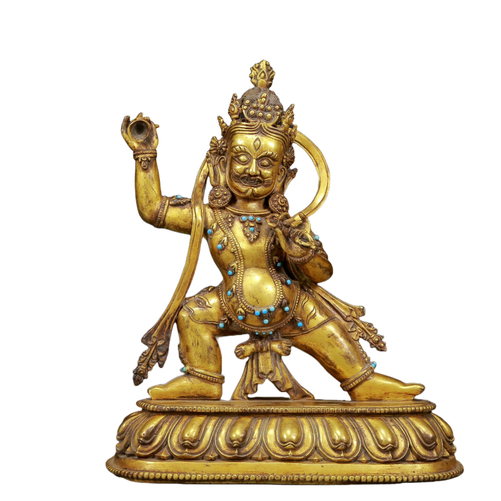 A Solemn Gilt Bronze Inlaid Turquoise Statue of Vajra: A Solemn Gilt Bronze Inlaid Turquoise Statue of Vajra,Ming Dynasty, China,Size:9.1inx4.3inx10.2in,Weight:3745g 铜鎏金嵌绿松石金刚像，&