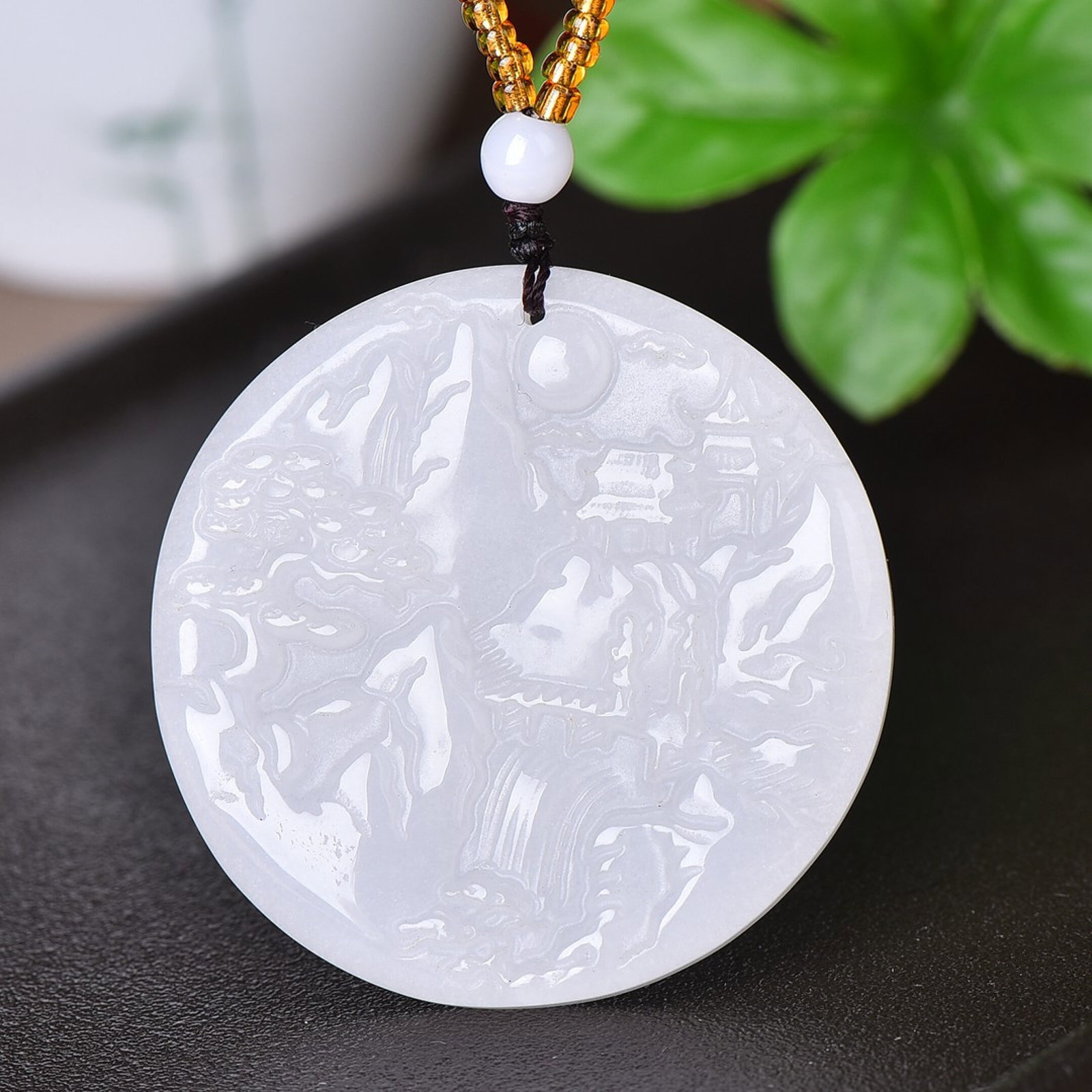 An Exquisite White Jade Landscape Pattern Necklace: An Exquisite White Jade Landscape Pattern Necklace,Size:49mmx49mm 白玉山水纹项链