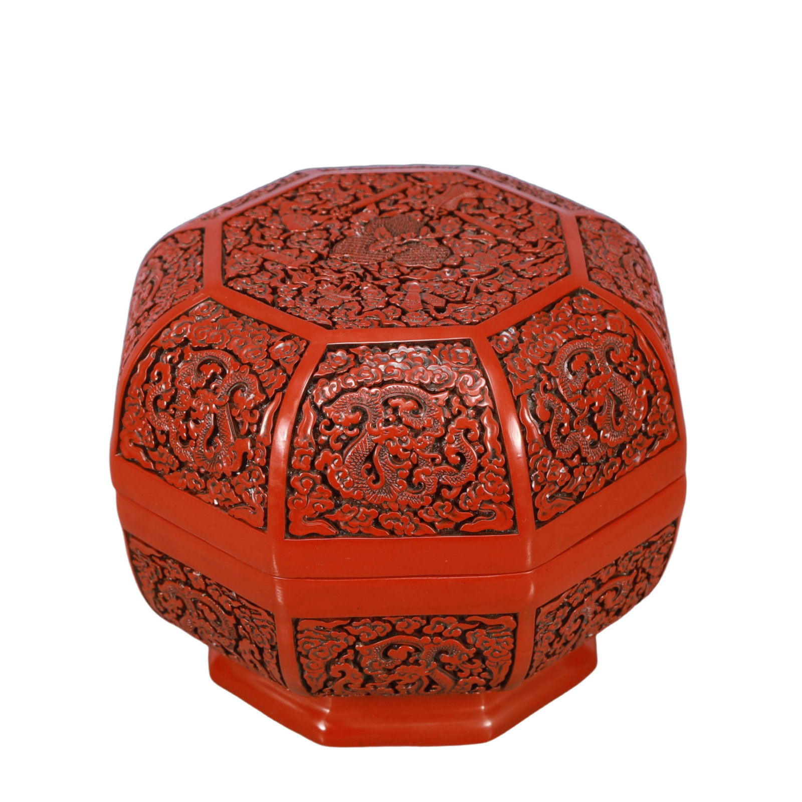 An Exquisite Carved Red Lacquer Eight Treasures and Dragon Pattern Cover Box: An Exquisite Carved Red Lacquer Eight Treasures and Dragon Pattern Cover Box,Qing Dynasty, China,Qianlong Six-character Mark,Size:9.8inx7.5in,Weight:2300g 剔红漆器八ê