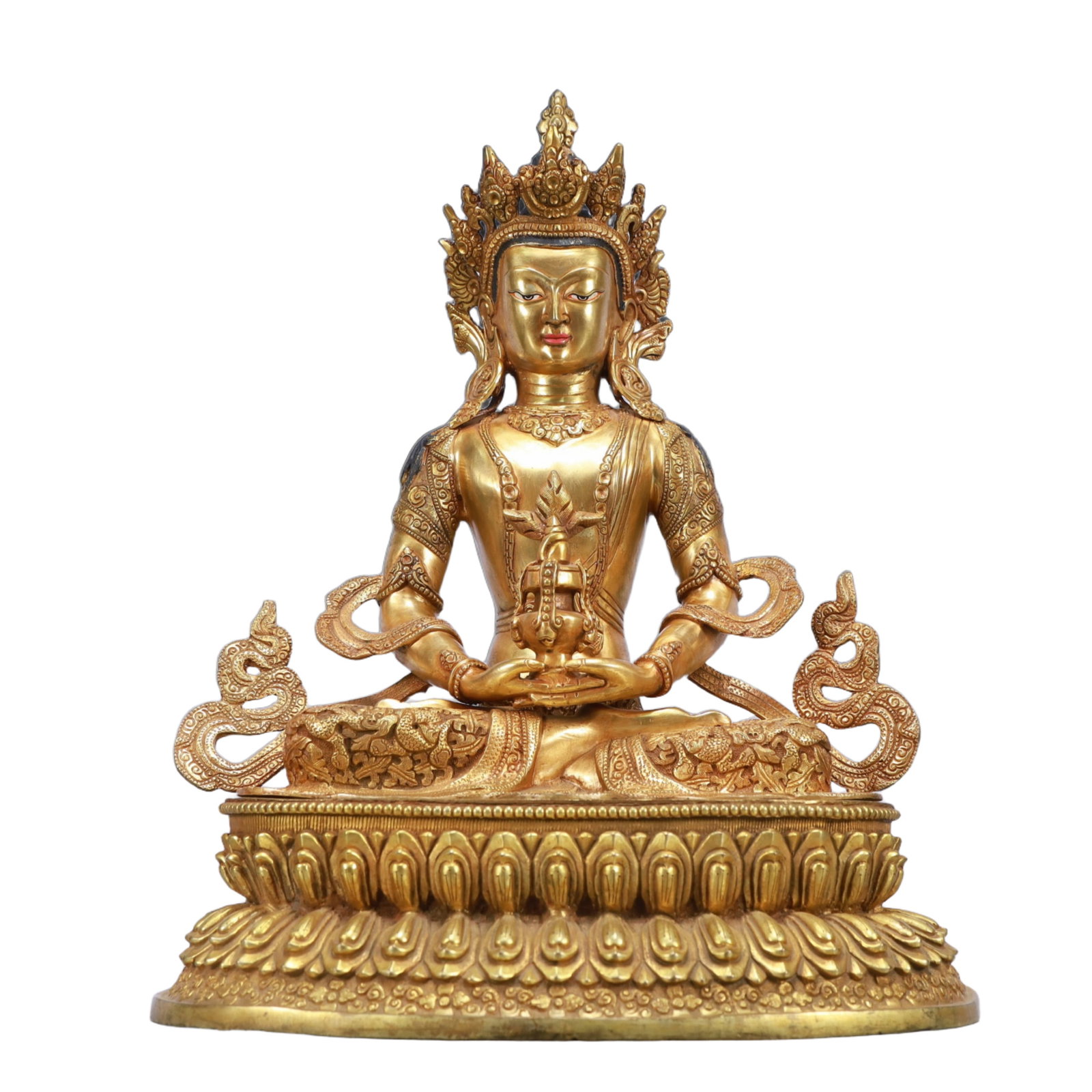 A Solemn Gilt Bronze Statue of Amitayus: A Solemn Gilt Bronze Statue of Amitayus,Ming Dynasty, China,Size:13.8inx11.4inx18.9in,Weight:10800g 铜鎏金无量寿佛像,中国明代