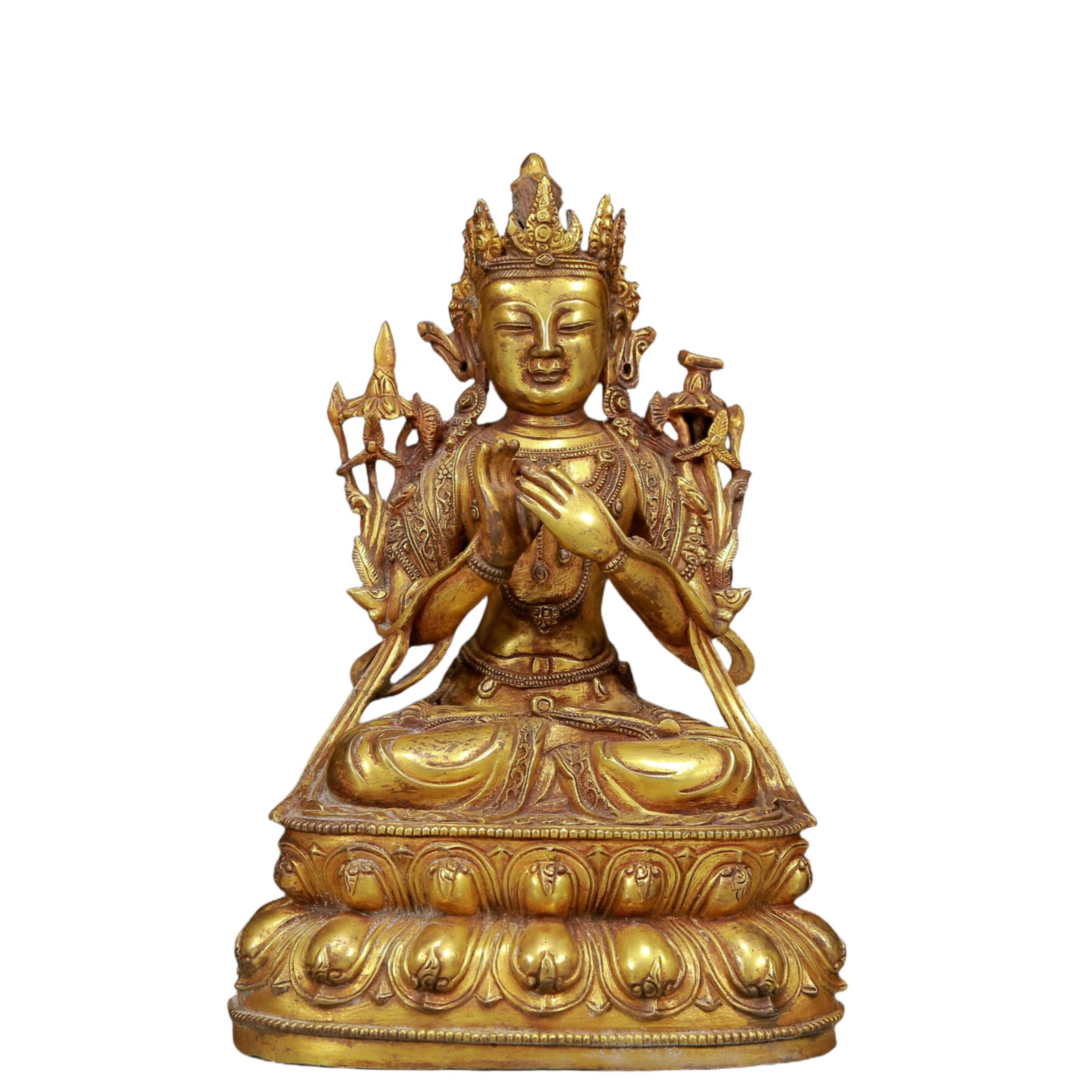 A Solemn Gilt Bronze Statue of Manjusri: A Solemn Gilt Bronze Statue of Manjusri,Ming Dynasty, China,Size:7.5inx5.5inx11.8in,Weight:4680g 铜鎏金文殊菩萨像，明代