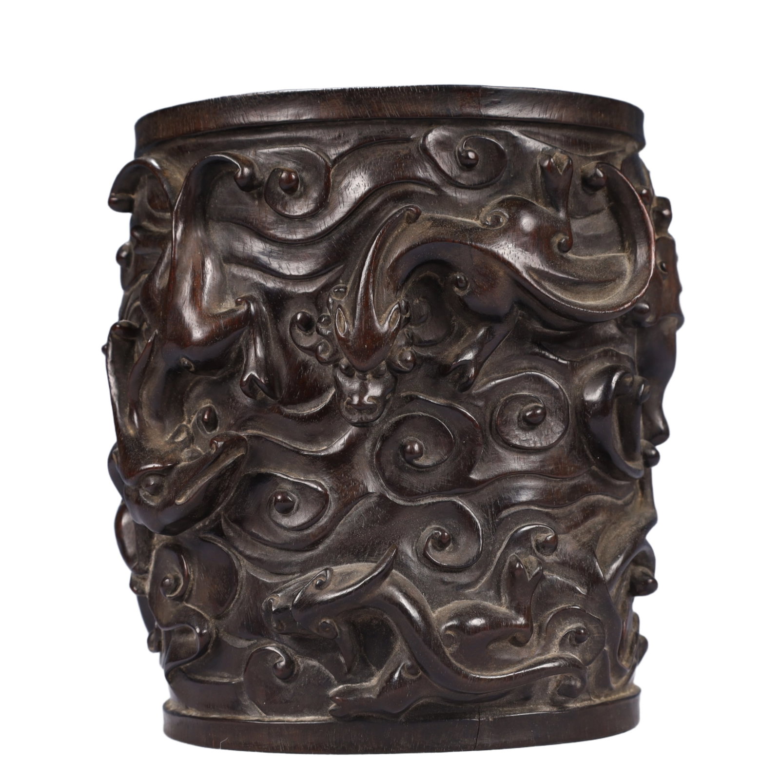 An Exquisite Zitanwood Auspicious Cloud and Dragon Pattern Brush Pot: An Exquisite Zitanwood Auspicious Cloud and Dragon Pattern Brush Pot,Qing Dynasty, China,Size:5.5inx5.1inx6.3in,Weight:1250g 紫檀木祥云龙纹笔筒,&#