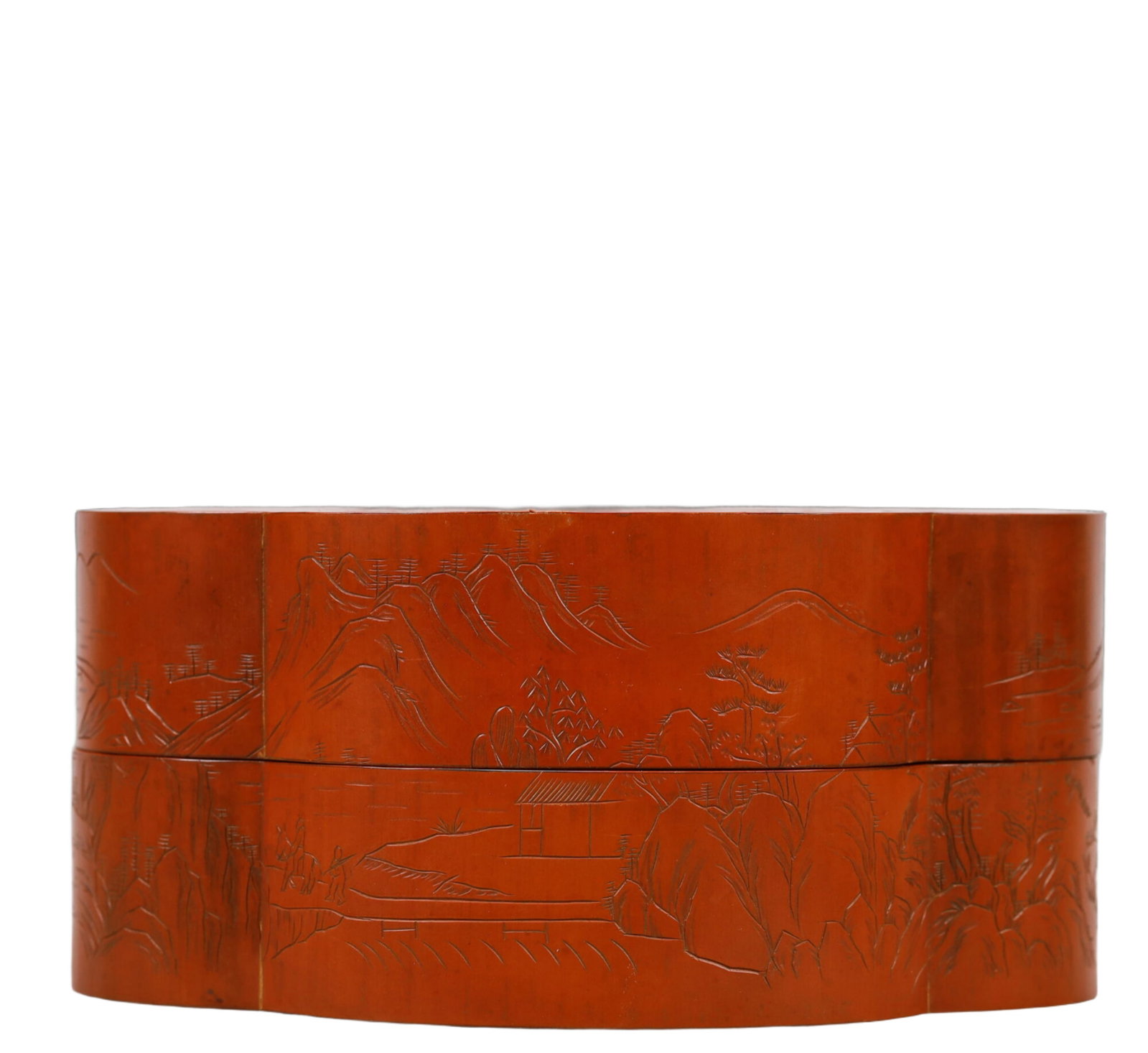 A Brilliant Bamboo 'Landscape& Figure' Box: A Brilliant Bamboo 'Landscape& Figure' Box. Carved in a quatrefoil shape. Chinese Qing Dynasty. Made by Xu Yuanwen. Size:7.1inx5.1inx3.3in 清代 徐元文制 竹