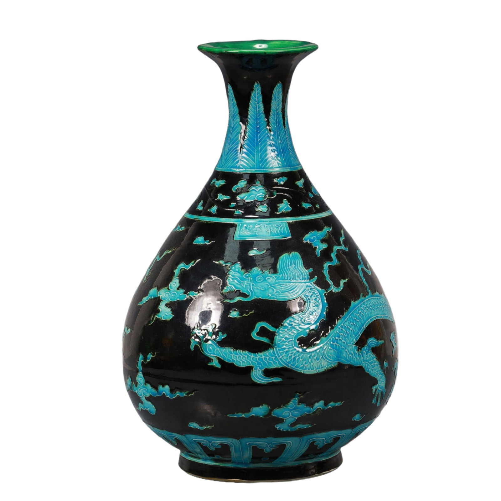 A Fahua Glazed Auspicious Cloud and Dragon Pattern Vase: A Fahua Glazed Auspicious Cloud and Dragon Pattern Vase,Ming Dynasty,China,Yongle Four-Character Mark,Size:7.5inx12.4in