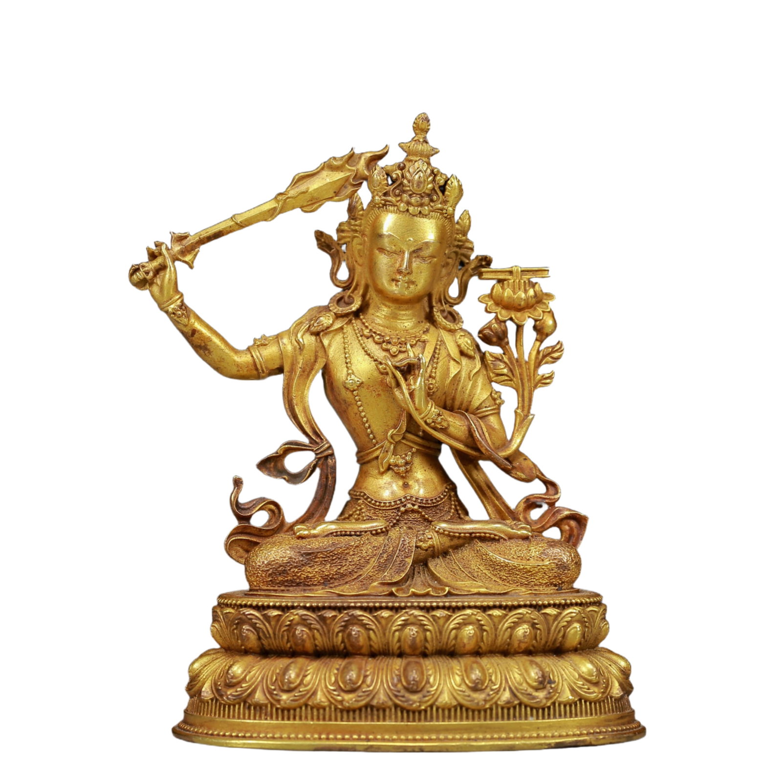 A Solemn Gilt Bronze Statue of Manjusri: A Solemn Gilt Bronze Statue of Manjusri,Ming Dynasty, China,Size:3.1inx6.1inx4.1in,Weight:255g 铜鎏金文殊菩萨像，明代