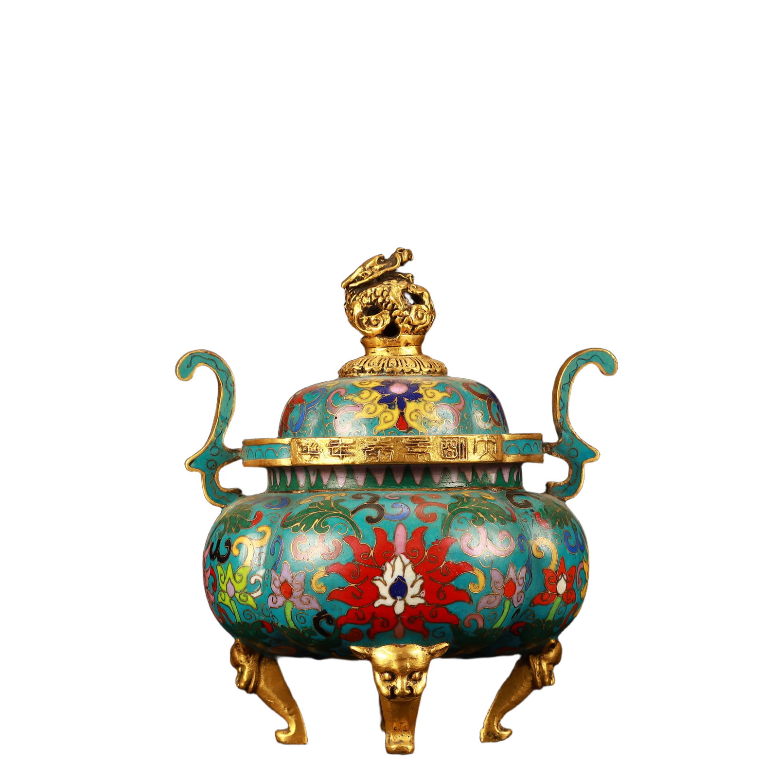 An Exquisite Cloisonne Lotus Pattern Double-Ears and Beast-Legs Censer: An Exquisite Cloisonne Lotus Pattern Double-Ears and Beast-Legs Censer,(A type of enamelware with metal wires separating colored glaze, originating in China),Qing
