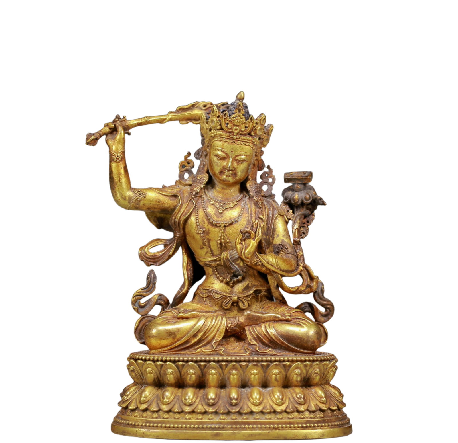 A Solemn Gilt Bronze Statue of Manjusri: A Solemn Gilt Bronze Statue of Manjusri,Ming Dynasty, China,Size:2.8inx2inx3.7in,Weight:310g 铜鎏金文殊菩萨像，明代