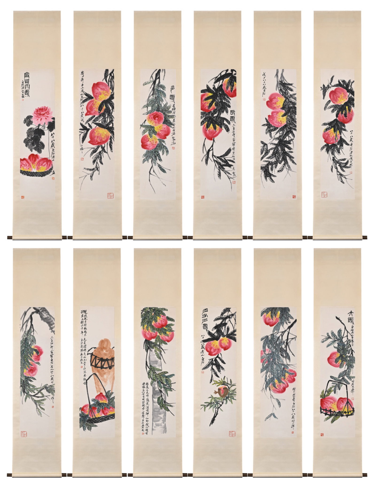 A Set of Chinese Vertical Scroll Ink Painting of Peach on Paper: A Set of Chinese Vertical Scroll Ink Painting of Peach on Paper,Qi Baishi,Size:53.5inx13.4in 一套中国水墨桃子画立轴,齐白&#