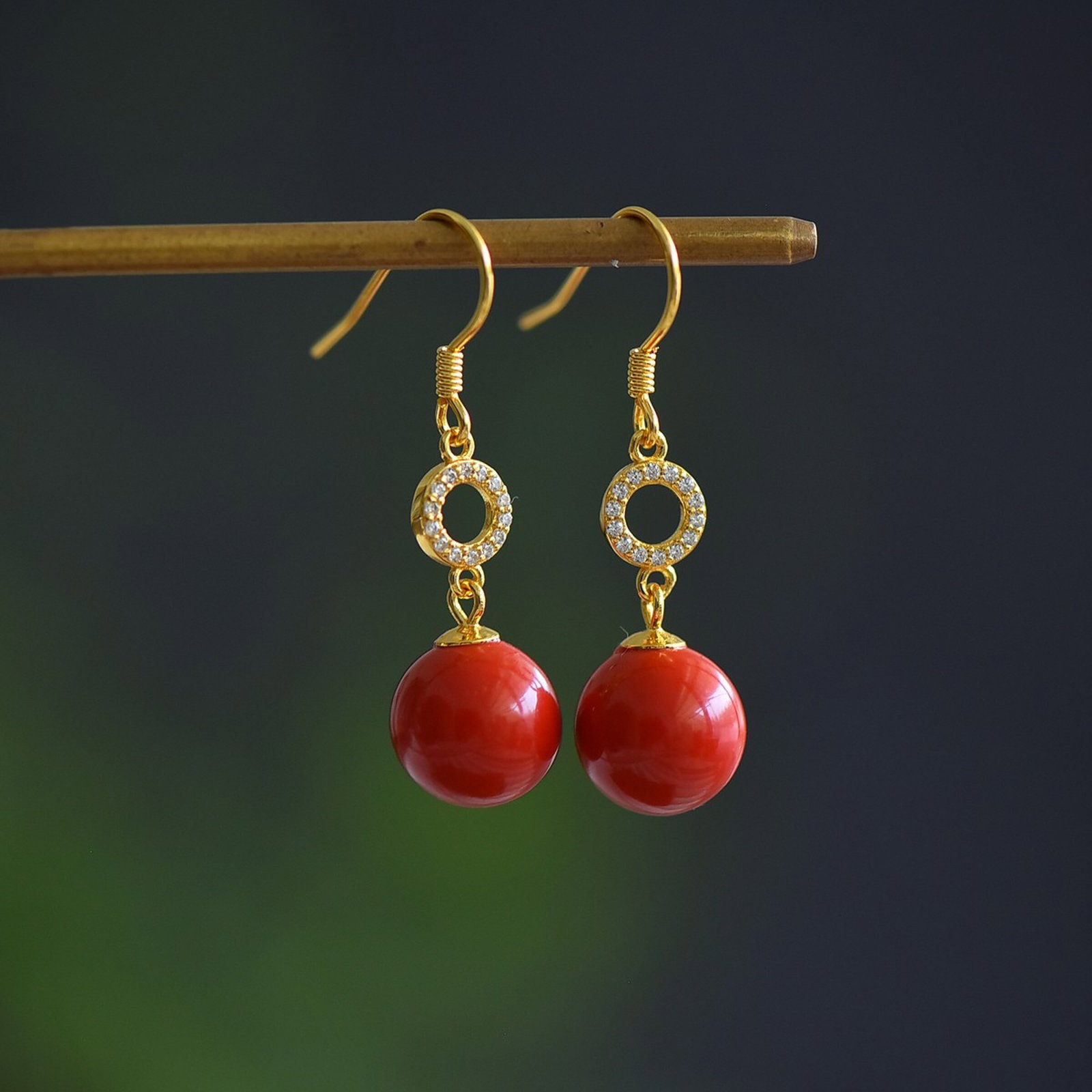 A Pair of Exquisite Sterling Silver-Gold Plated Inlaid Cinnabar Earrings,Inlaid Diamond: A Pair of Exquisite Sterling Silver-Gold Plated Inlaid Cinnabar Earrings,Inlaid Diamond,Size:10mmx10mm 一对纯银镀金镶朱砂耳环,嵌