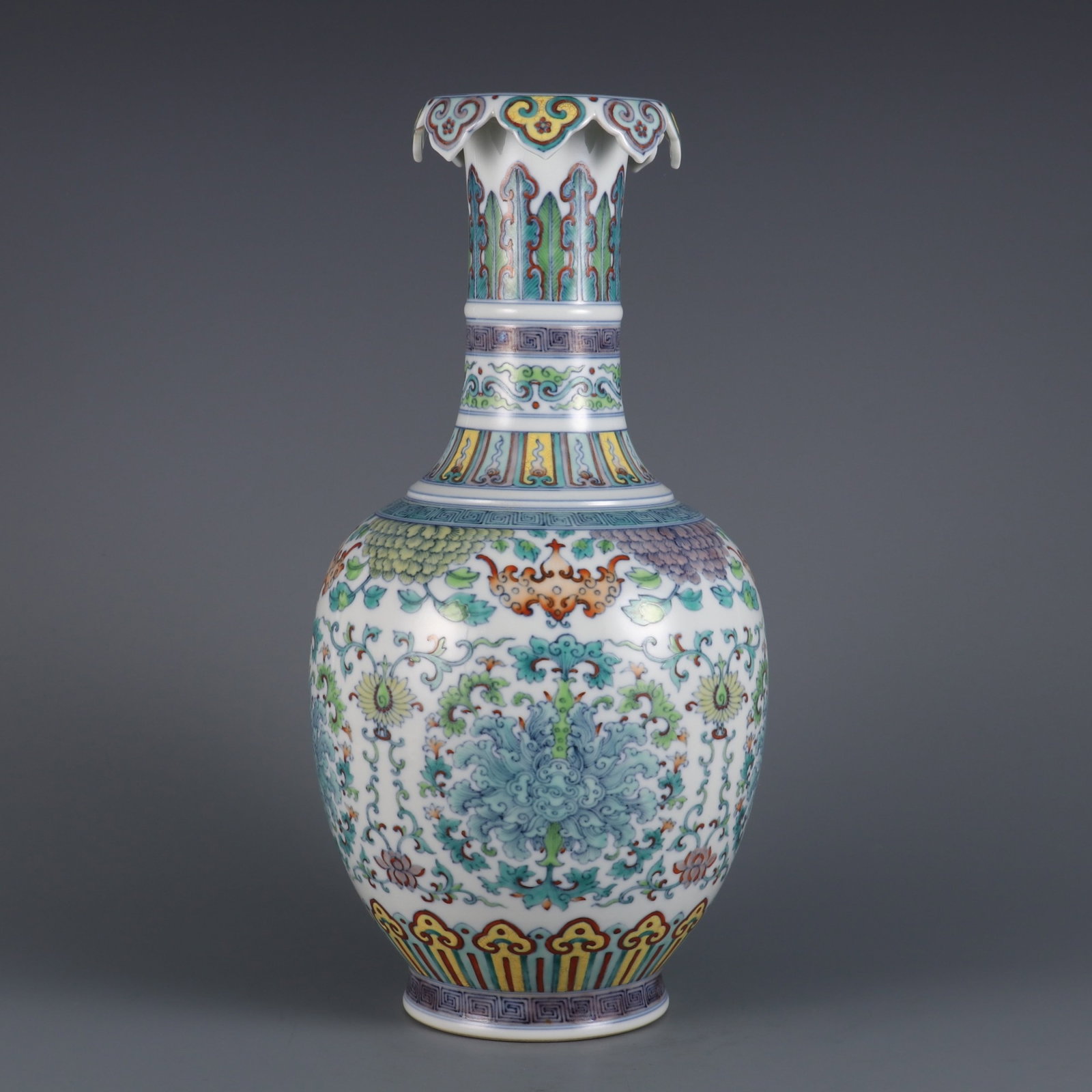 A Rare Doucai Lotus Pattern Vase: A Rare Doucai Lotus Pattern Vase,Qing Dynasty,China,Qianlong Six-character Mark,Size:13.2inx3.1in 斗彩缠枝莲纹瓶,中国清代,乾&